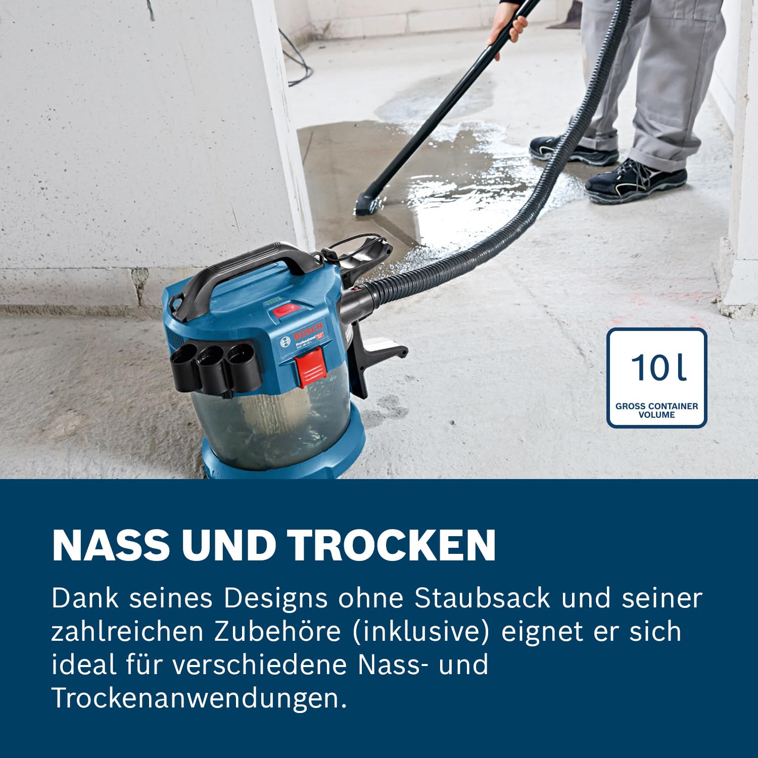 Bosch Professional 18V System Industriestaubsauger GAS 18V-10 L (inkl. 1,6 m Schlauch, 3 Verlängerungsrohre, ohne Akku/Ladegerät)