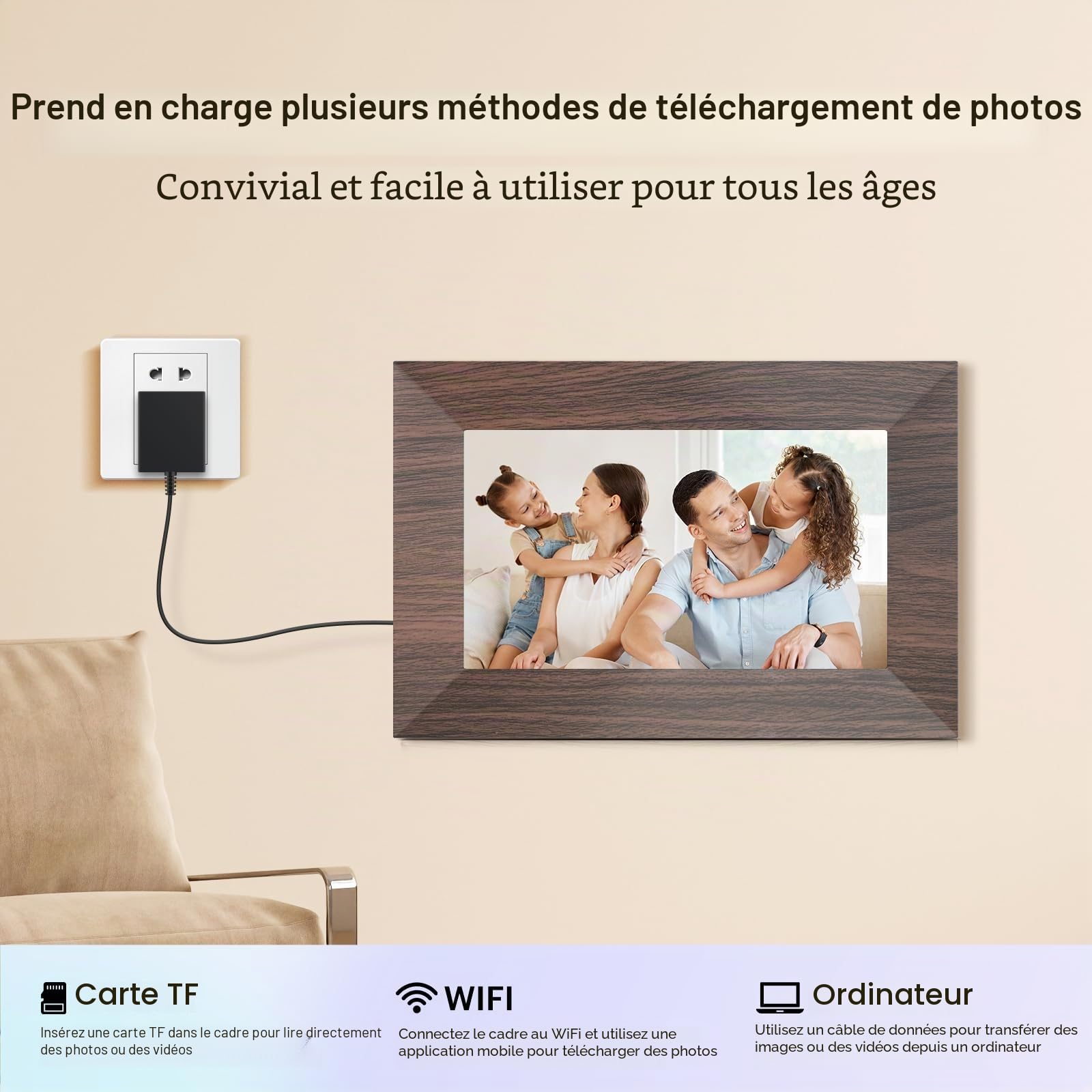 Cadre Photo Numérique, BWJBSW 7 Pouces WiFi IPS Écran Tactile Cadre Photo Électronique, 32Go Stockage, Cadre Numerique Partager Photo Vidéo Musique Réveil, Prend en Charge 64Go Carte SD, Auto-Rotation