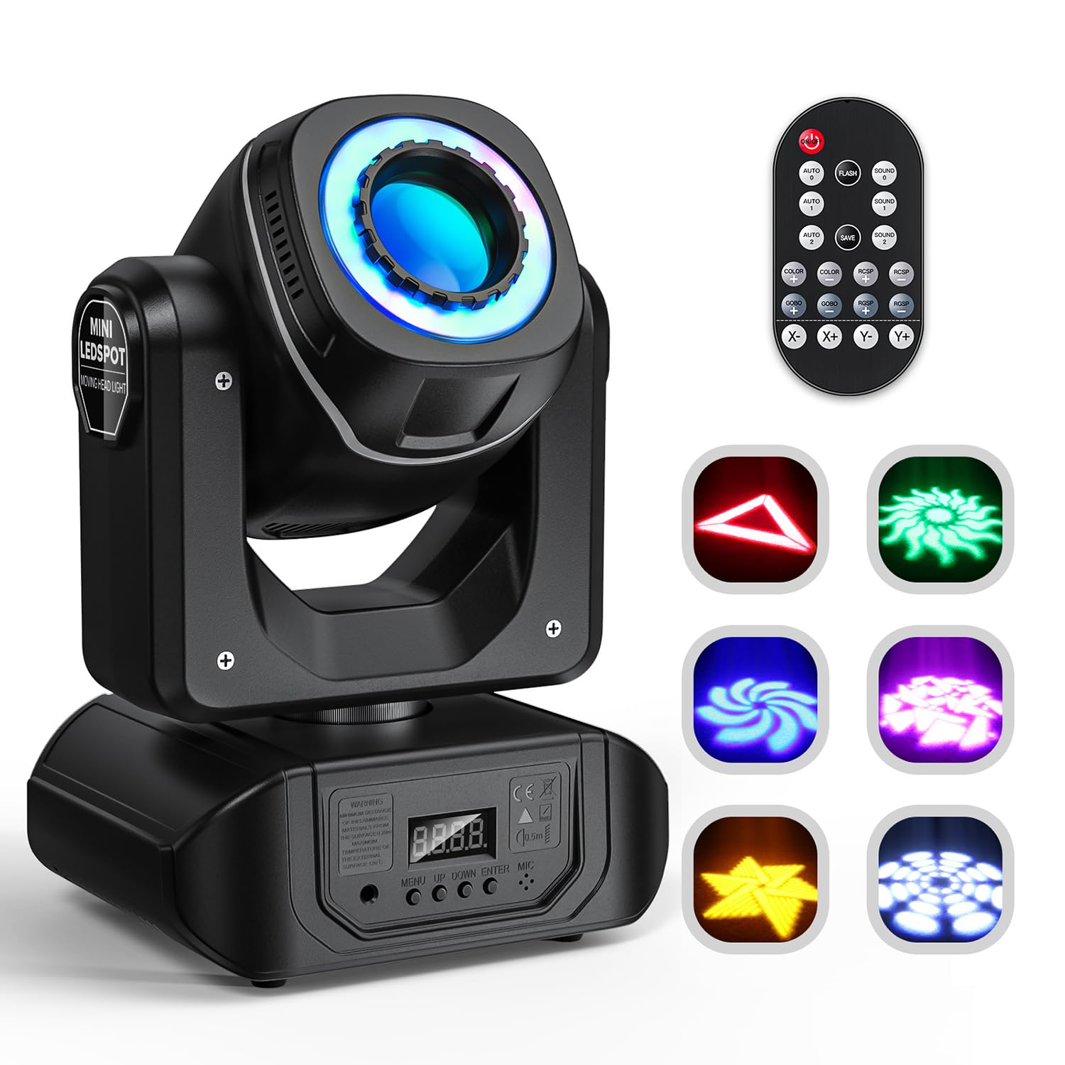 Ruchome oświetlenie DJ, obracające się lampy sceniczne LED z 8 gobami i 8 kolorami promieni, reflektor, oświetlenie imprezowe aktywowane dźwiękiem, lampy dyskotekowe, światła stroboskopowe (60W)
