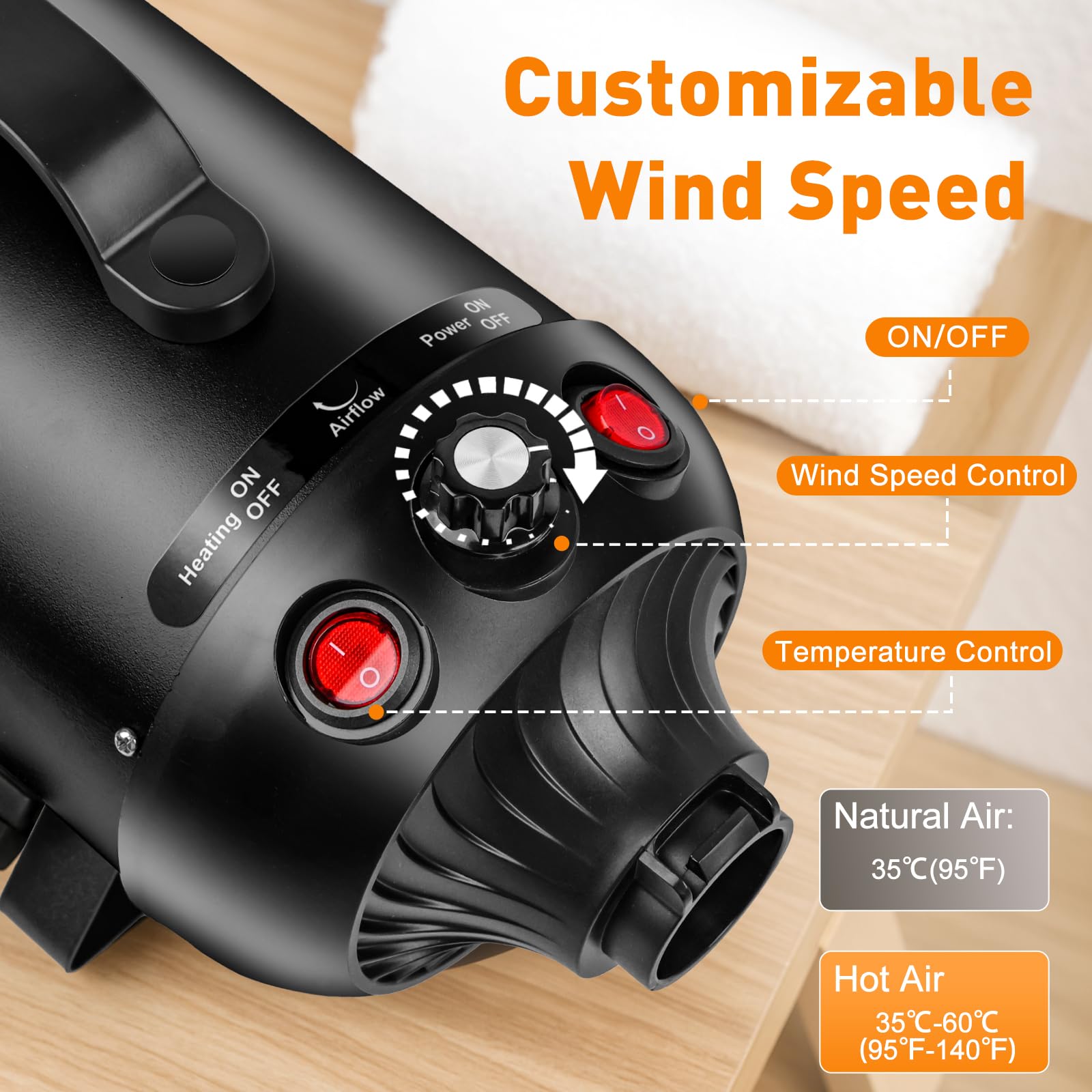 YAZEKY Soffiatore Professionale per Cani, soffiatore Silenzioso da 2800 W, soffiatore per Cani a Pelo Lungo, asciugacapelli per toelettatura Animali, velocità e Temperatura Regolabili con 4 ugelli