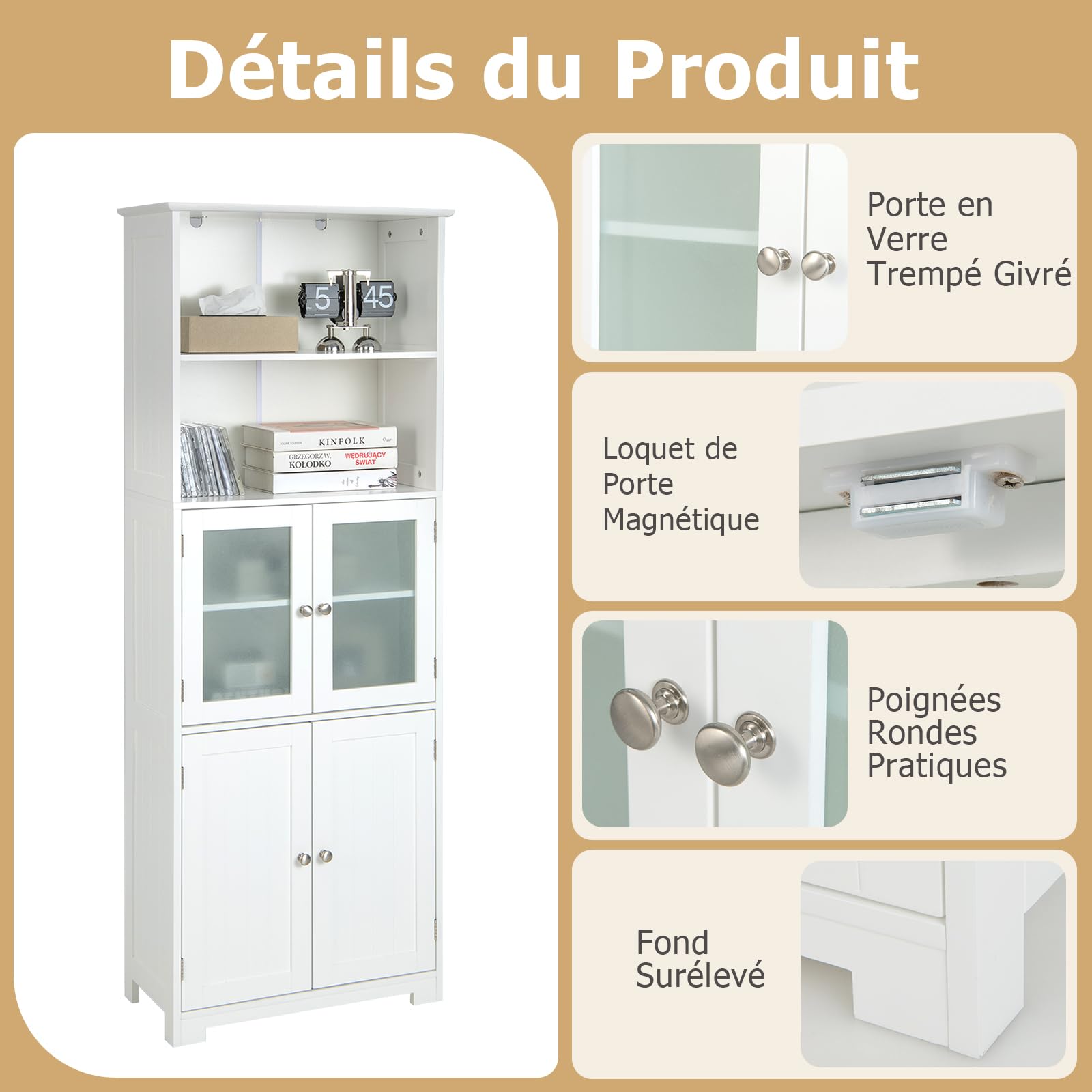 GOPLUS Meuble de Rangement pour Salle de Bain avec 3 Parties, Rangement 6 Niveaux avec 2 Étagères Ouvertes et 2 Compartiments, Portes en Verre Transparent et Poignées Métalliques, Gris