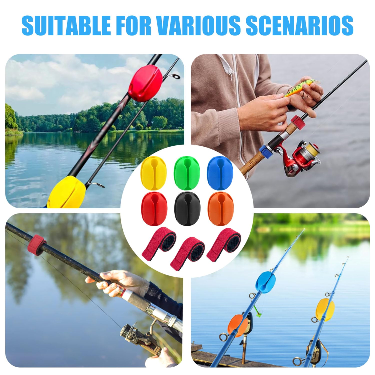 6 Piezas Bola Fija de Caña de Pescar, Caña de Pescar Portátil Bola Fija Accesorios con 4 Cintas Caña De Pescar para Depósitos, Herramienta de Pesca de(5 Agujeros)