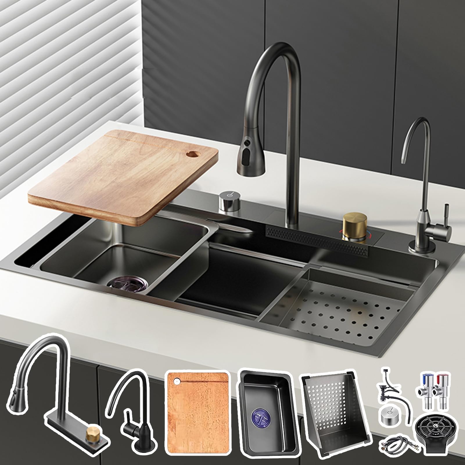 ZQFHSX Black Grey Stainless Steel Kitchen Sink Workstation with Waterfall Design and Multiple Accessories