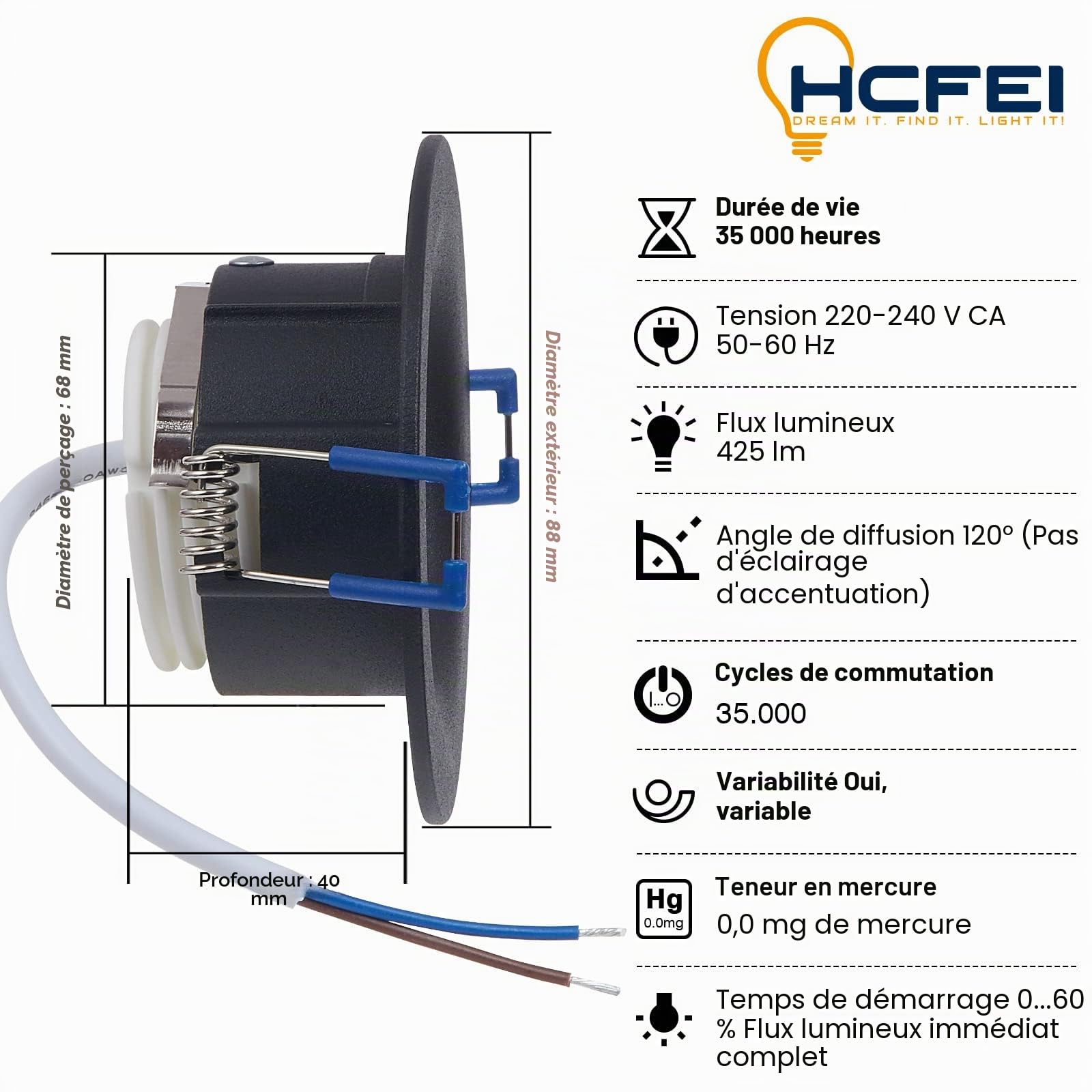 HCFEI Lot 6 Spots LED Encastrables Complet Noir Rond avec Ampoules GU10 Module Blanc Chaud 3000K 5W 430lm eqv. 50W IP20 Dimmable, Spot encastrable Ø 68mm