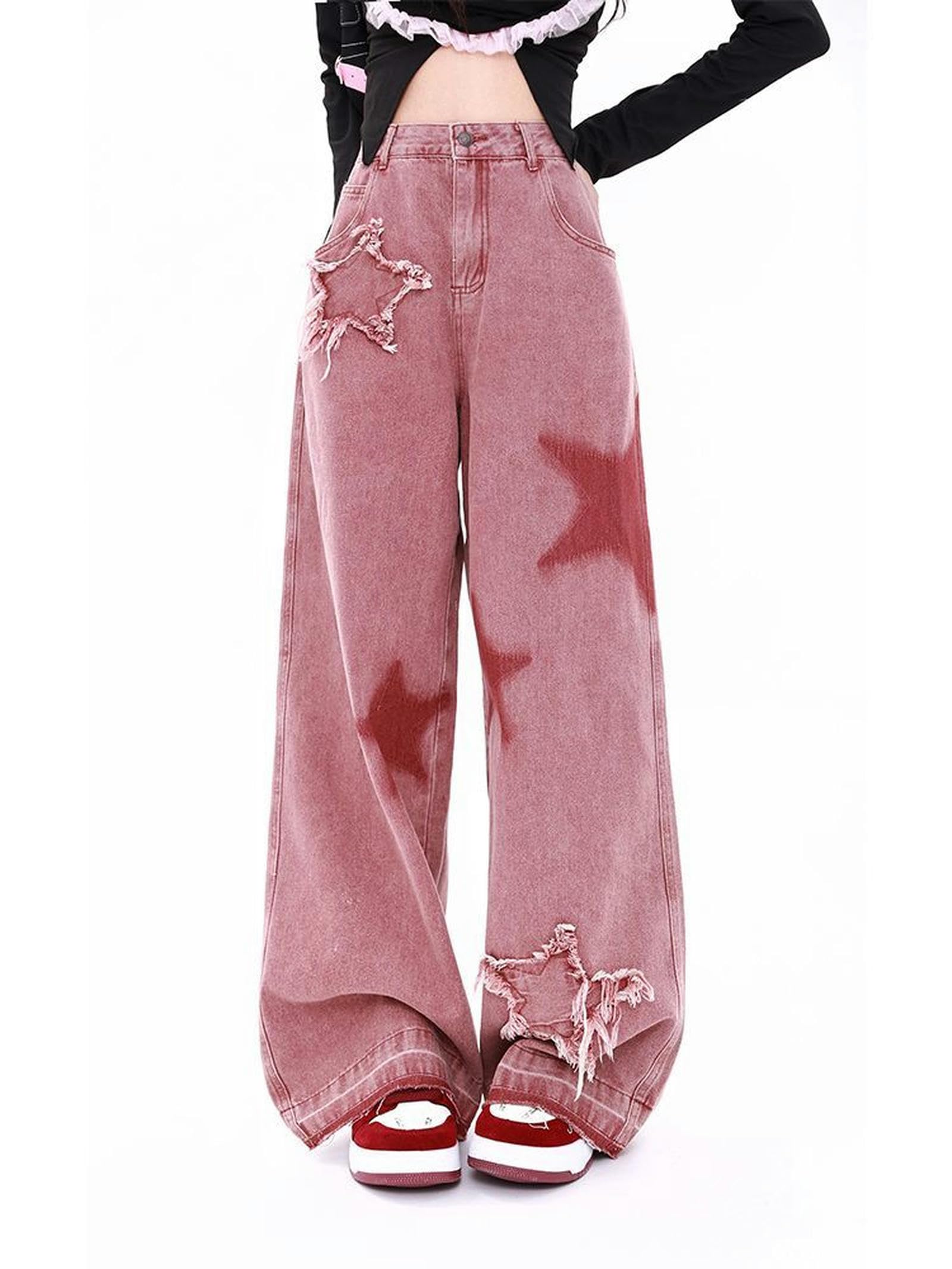 Automne Rose Jeans Femme High Street Rétro Étoile Brodé Doux Fille Style Pantalon Lâche Mode Pantalon Large Femme 2023-Rouge Rouille-M