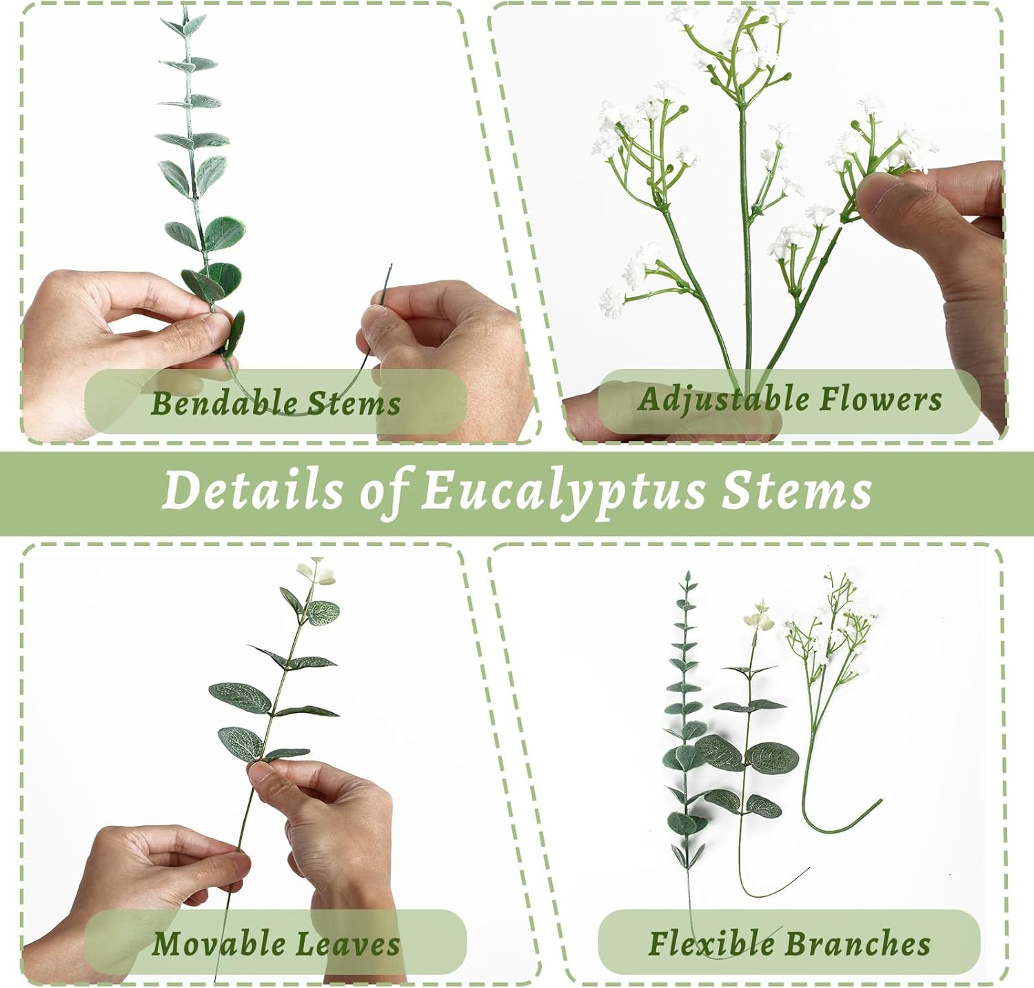 Alynsehom 100PCS Artificial Eucalyptus Stems with Fake Baby's Breath Flowers Bulk, 3 Kinds Mixed Faux Silver Dollar Eucalyptus Leaves Greenery Stems for Wedding DIY Bouquets Floral Wreath Home Decor