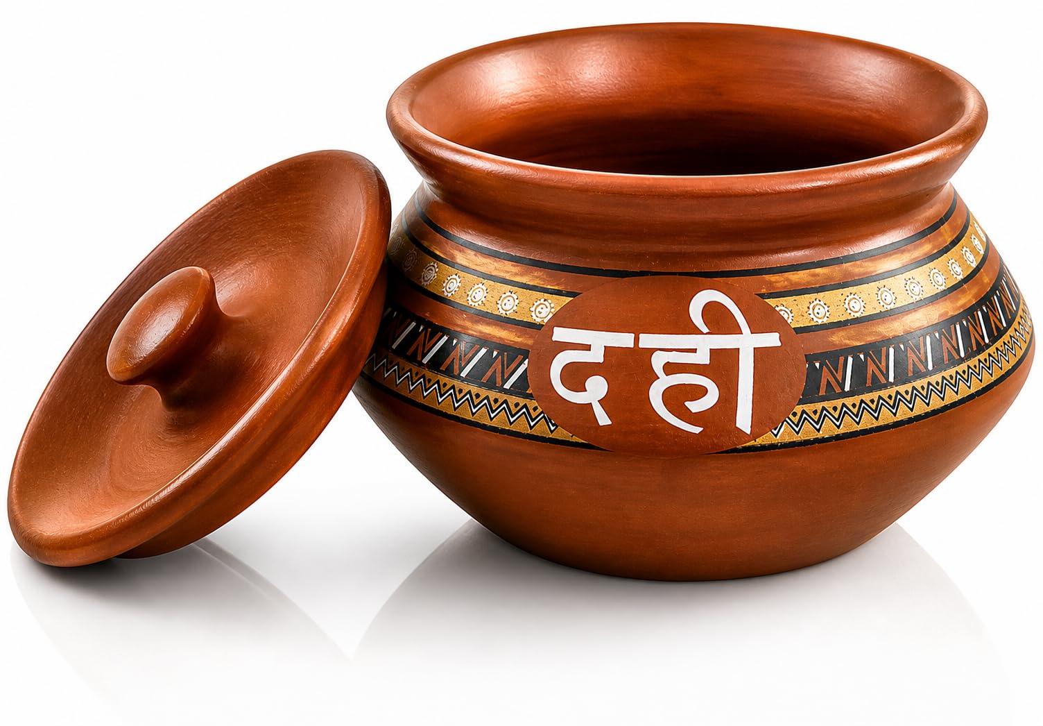 Handmade Traditional Dahi Handi Yoghurt Curd Serving Bowl Pot Storage Container With Lid, Earthenware Clay Terracotta Artisanal Pottery, Brown Food Safe Natural Reusable Rustic Eco Friendly, 12.5 cms
