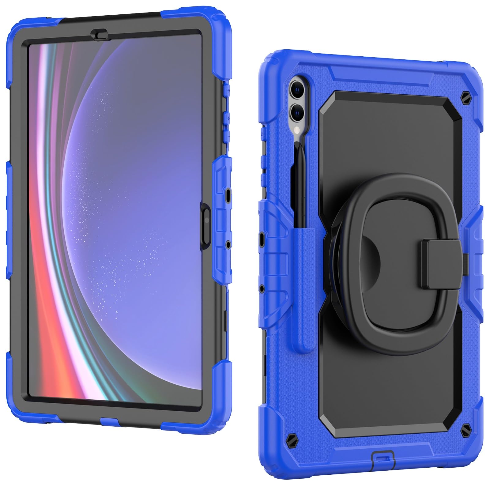 Wytrzymałe, odporne na wstrząsy etui TPU do Samsung Galaxy Tab S10 Plus 12,4 "2024 SM-X820/X826B/X828U Etui dziecięce, uchwyt obrotowy 360 stopni, wspornik stojakowy, osłona ekranu + pasek ramię(Blu)