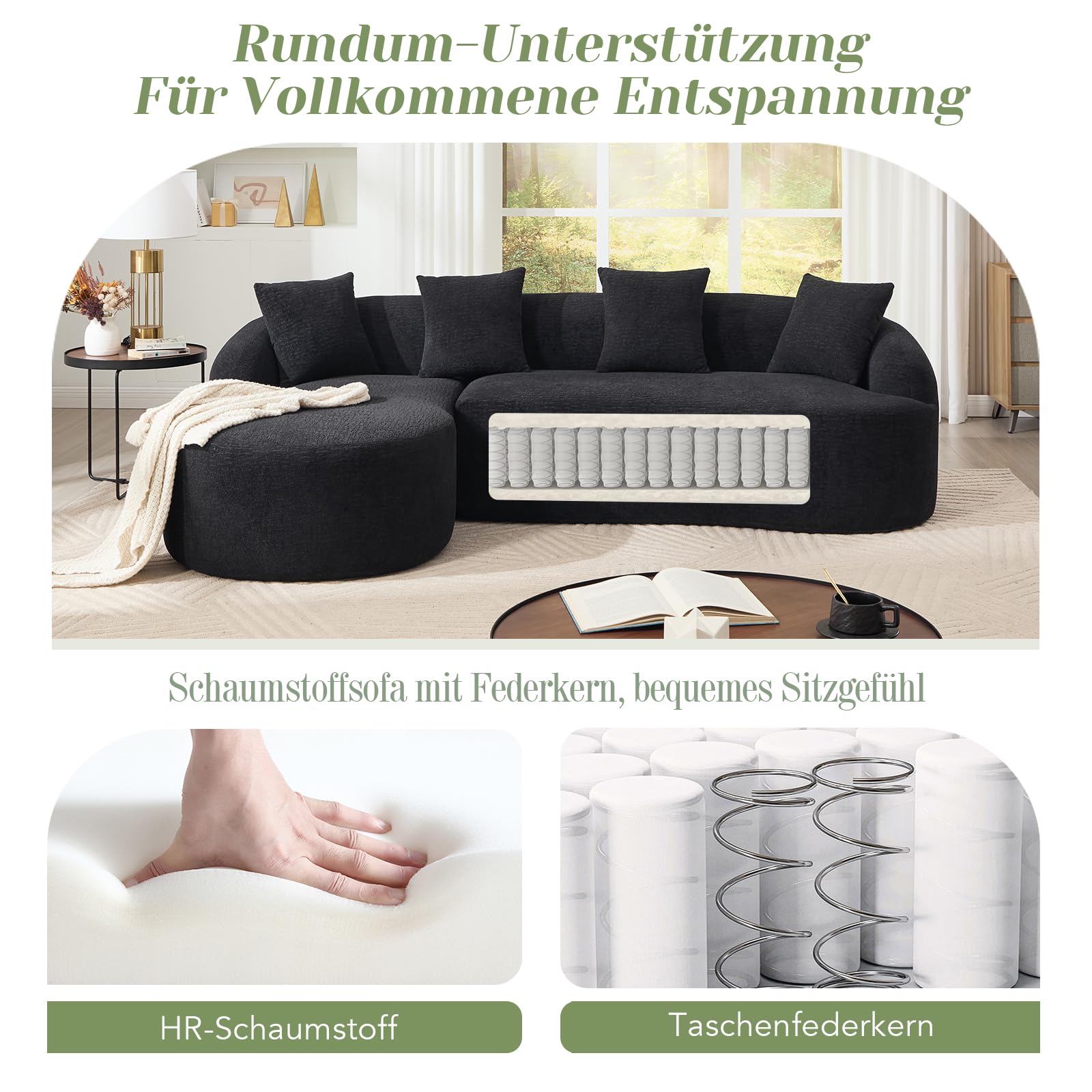 Sofá curvo modular de 243 cm, en forma de L, chenilla, color negro
