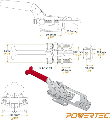Miniatura 40 de POWERTEC 2 abrazaderas de palanca, capacidad de sujeción de 2000 libras, 40341 con bloqueo automático en U, cierre ajustable con agarre
