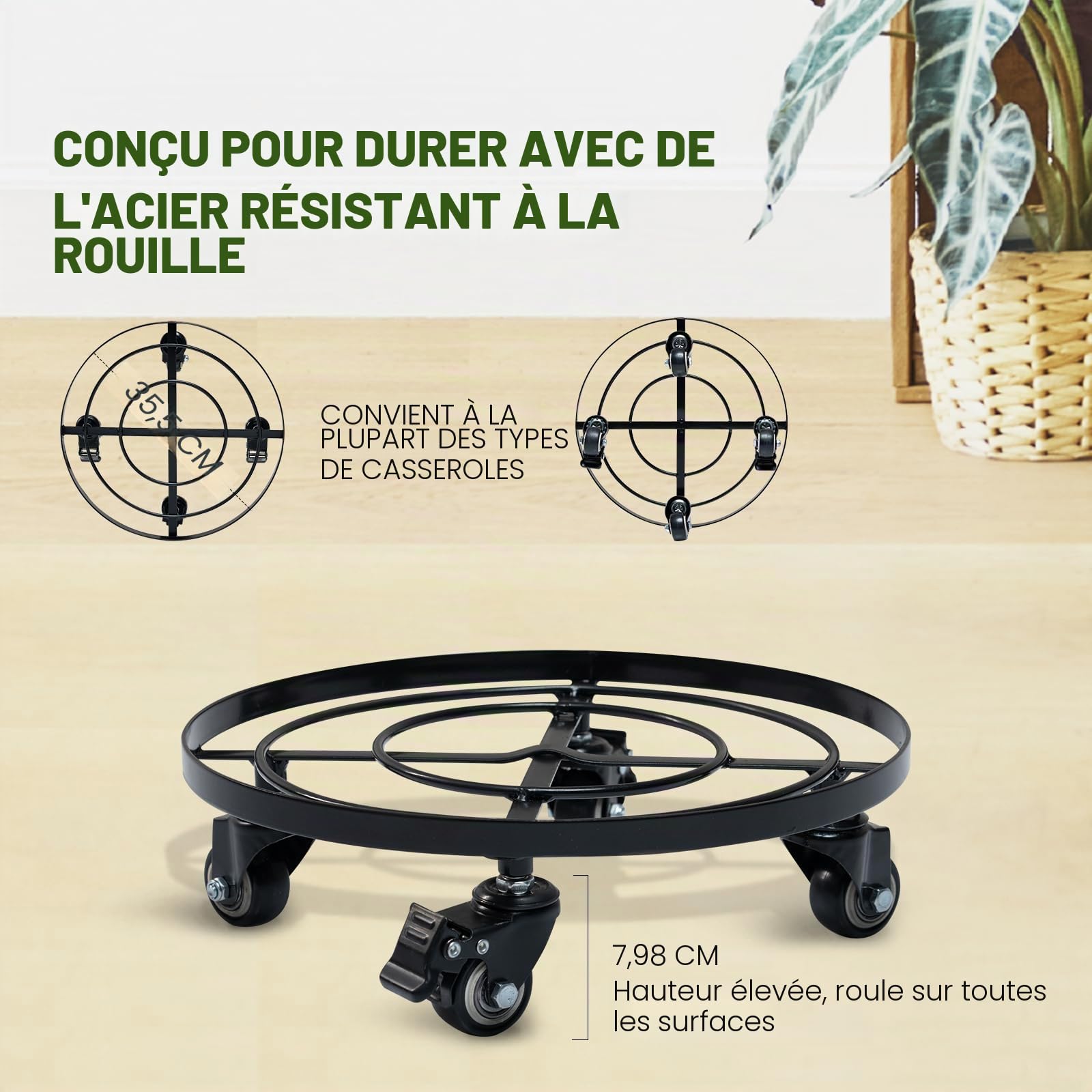 IDZO Upgrade Wheels – Panier à plantes carré en métal robuste d'une capacité de 174,6 kg, 30,5 cm, noir