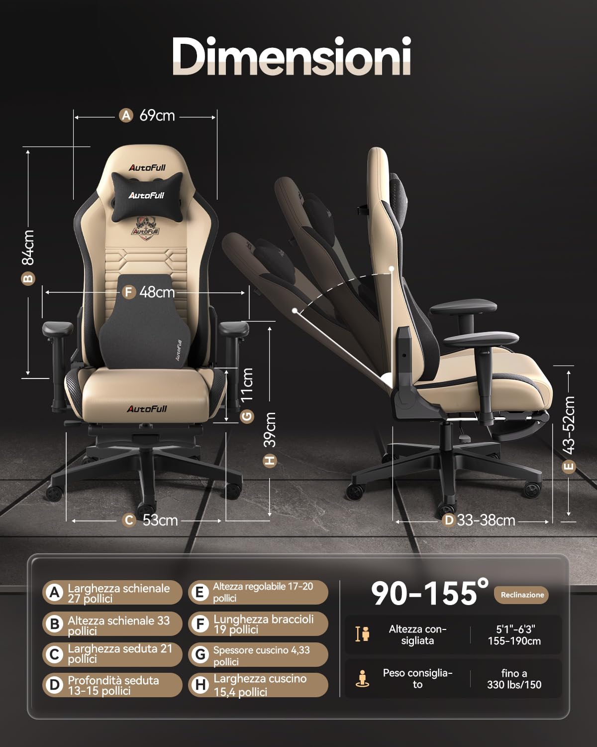 AutoFull C3 Sedia Gaming, Ergonomica Sedia da Gaming con Schienale Regolabile 155°, Supporto Lombare Ergo 3D, Poggiapiedi, Pelle PU - Design in Stile Racing (Marrone)