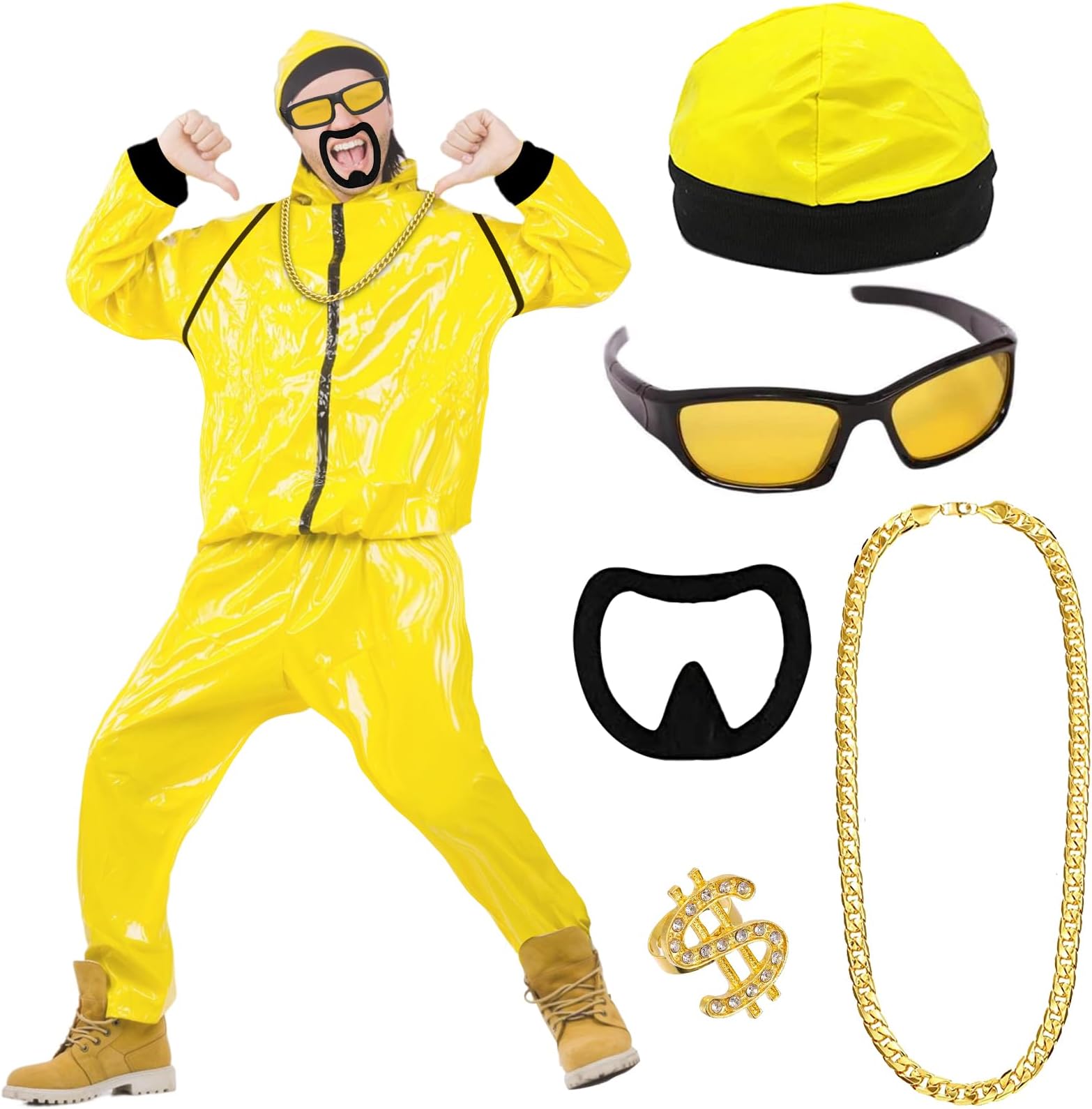 90s Rapper Celebrity Costume for Adults, 90s Fancy Dress Accessories Kit with Yellow & Black Shell Suit, Hat, Sunglasses, Black Goatee, Gold Chain and Ring Hip Hop Outfit for Halloween Stag Do Party