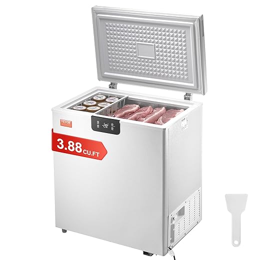 VEVOR Chest Freezer, 3.88 Cu.ft / 110 L Compact Deep Freezer, Free Standing Top Open Door Compact Freezers with 2 Removable Baskets & Adjustable Thermostat, Energy Saving & Low Noise, White