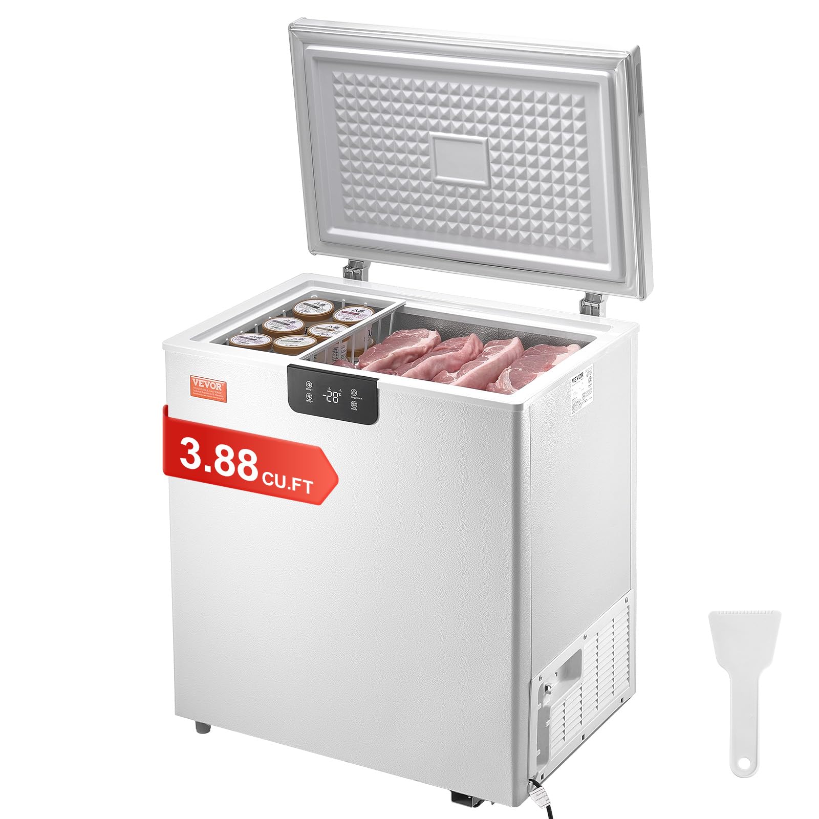 Congelador horizontal VEVOR de 3,88 pies cúbicos y 110 L, compacto, independiente, con puerta superior abierta, 2 cestas extraíbles, termostato ajustable, ahorro de energía, bajo nivel de ruido, color blanco