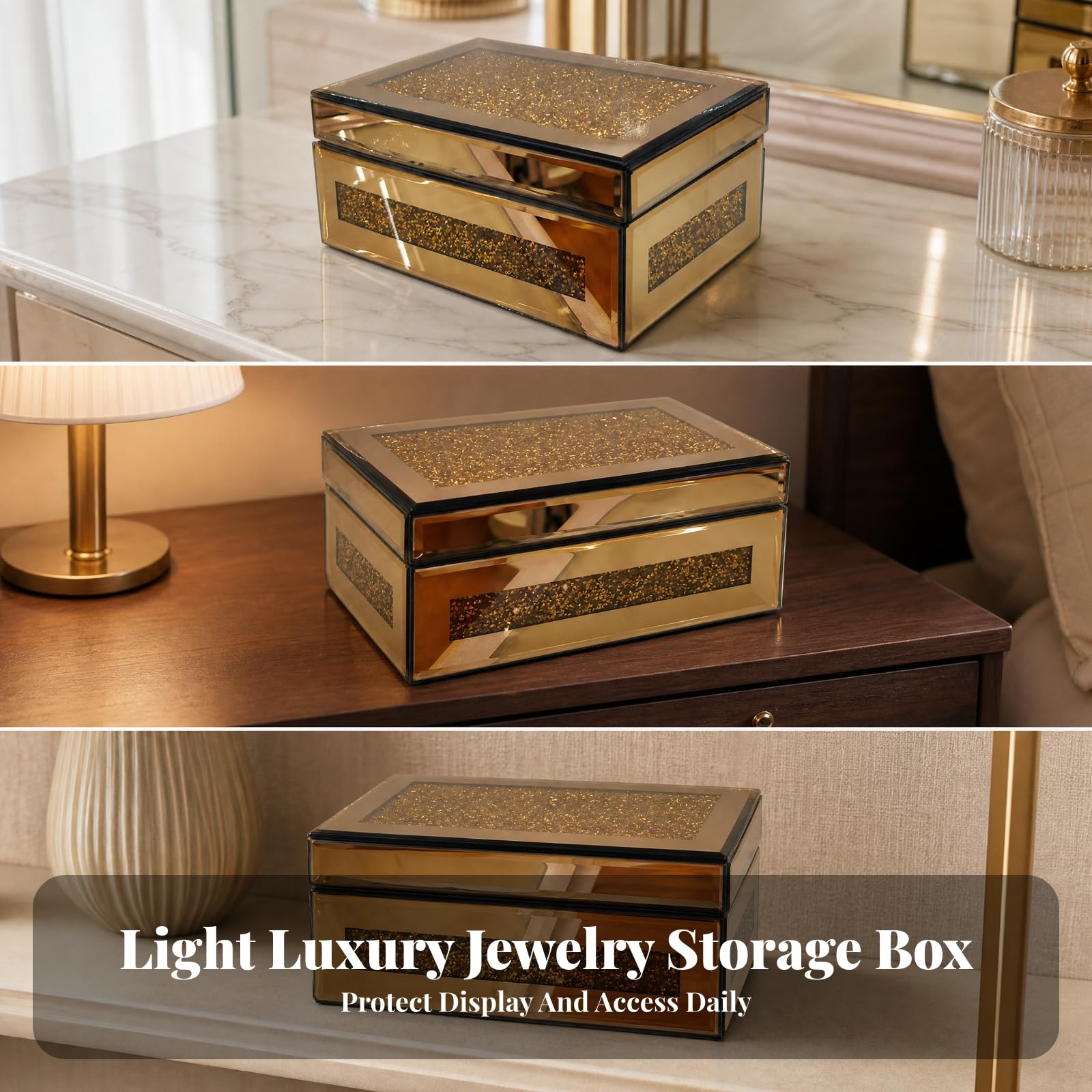 Joyero Mesa con Brillante | Protección la Oxidación, Caja Joyas con Espejo, Práctica, Organizador, para Tocador, Dormitorio, Mujeres, Oro