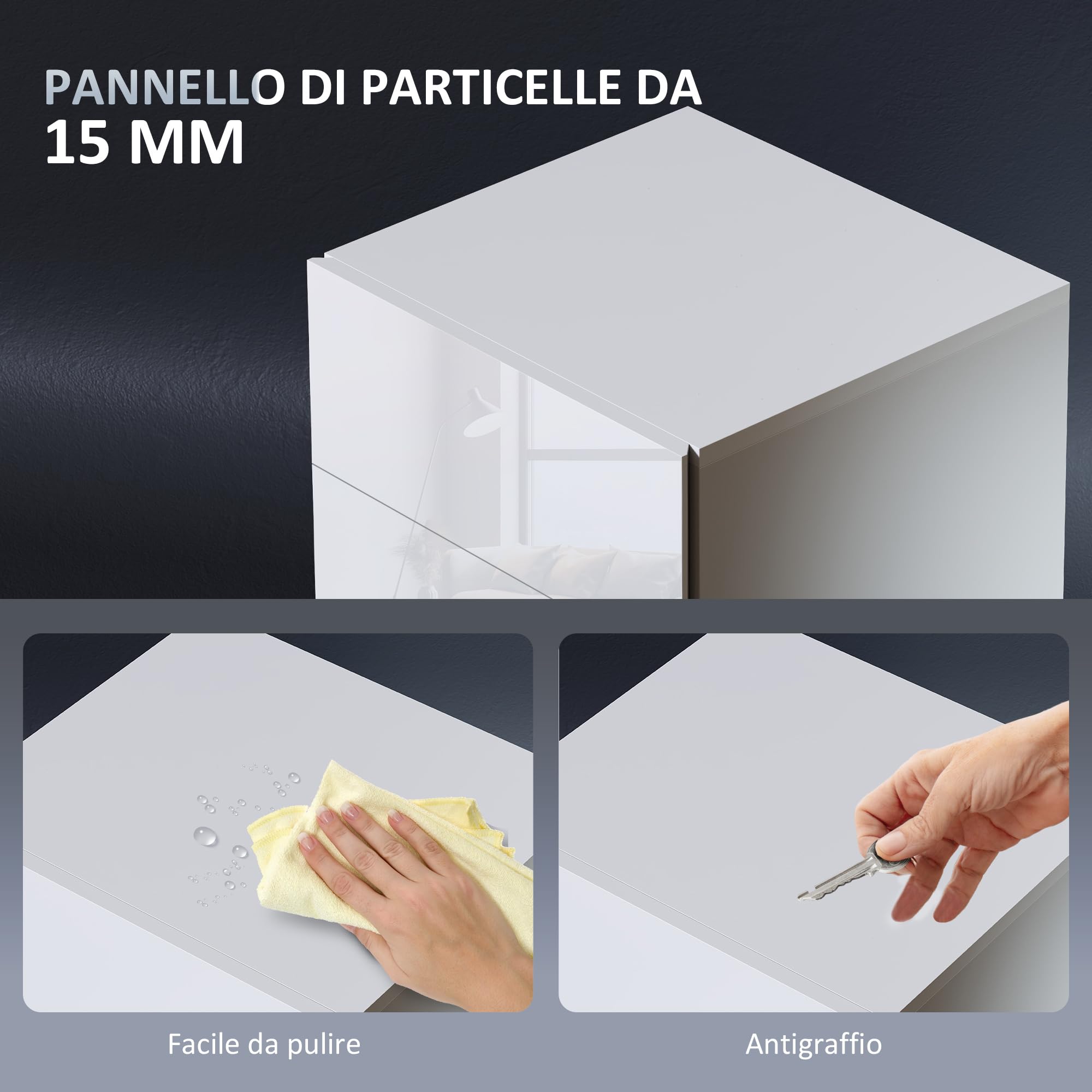 HOMCOM Comodino Moderno con Luce LED Regolabile, 40x35x60 cm, Bianco Lucido