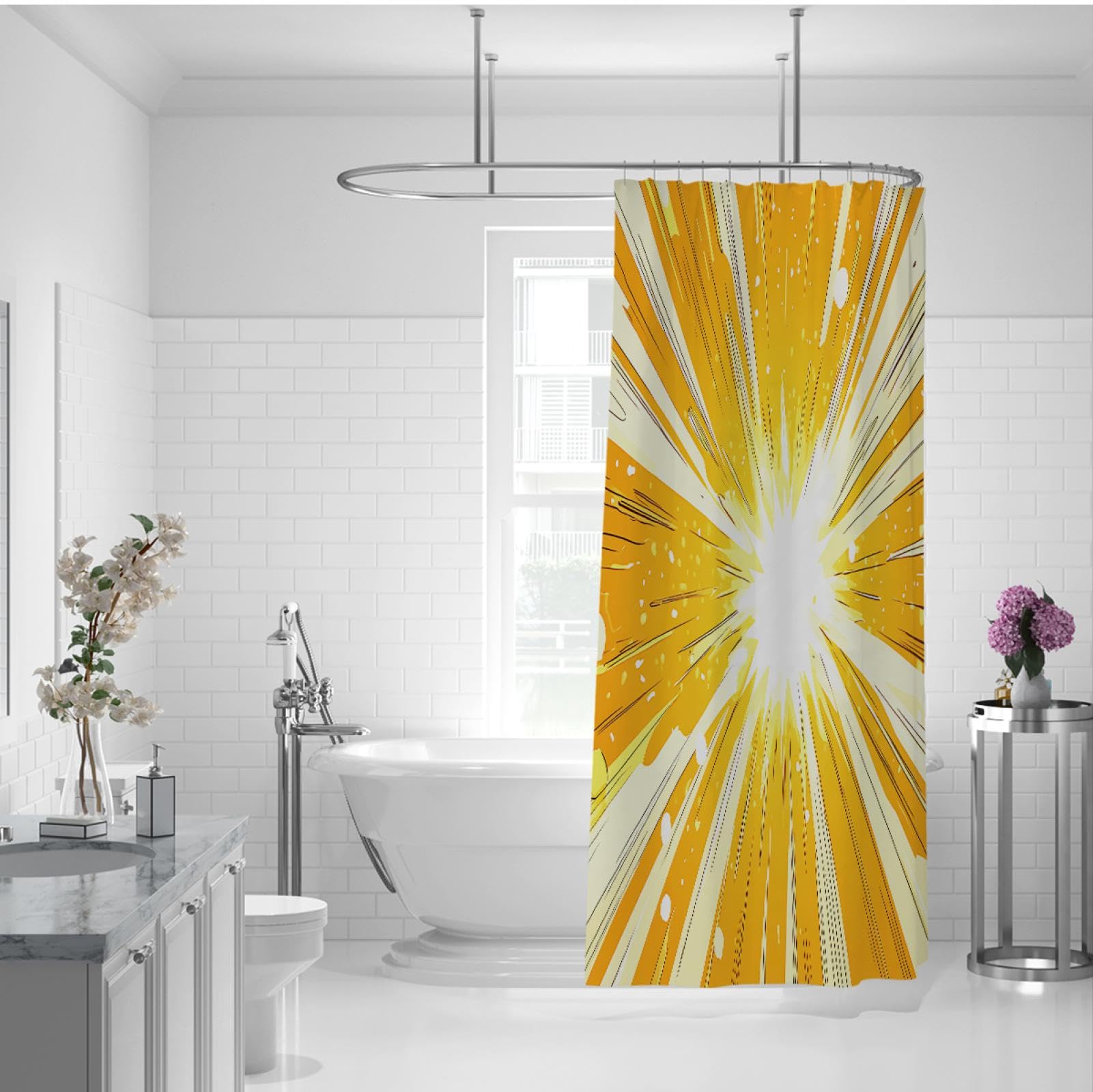 Rideau Douche d’été Lumineux Soleil Rideaux Salle Bain Ensemble avec Crochets en Forme C Décor Salle d’Eau Tissu Polyester imperméable Jaune 200 x 240 cm