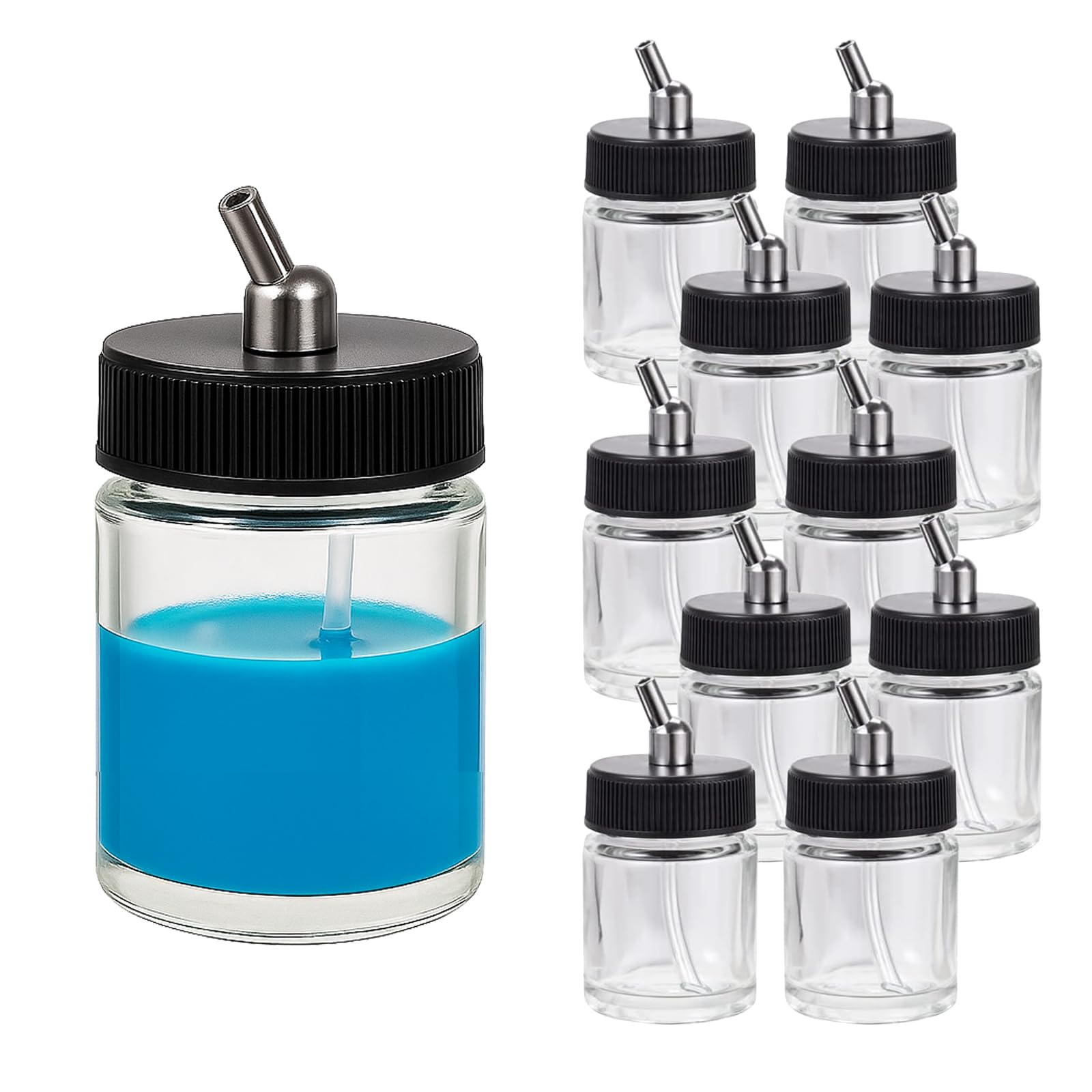 ABEST New 10PCS Airbrush Air Brush Glass Bottle Jar 22CC / Standard Suction Lid Empty 3/4 Ounce (22cc) Glass Jar Bottles with 30° Down Angle Adaptor Lid Assembly