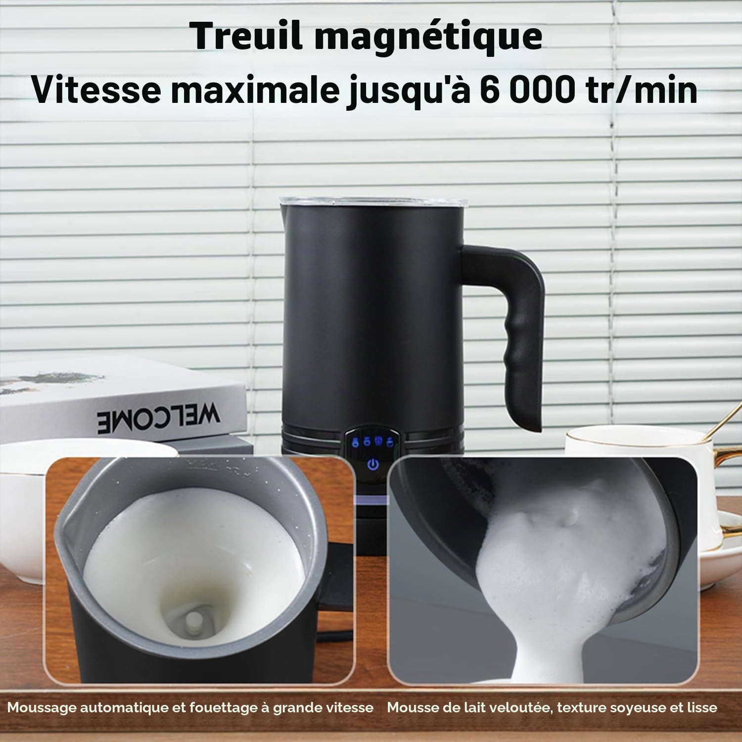 Mousseur à lait électrique 4 en 1, 430 ml mousseur à lait automatique chaud et froid et chauffe-lait pour cappuccino, latte, moka, macchiato
