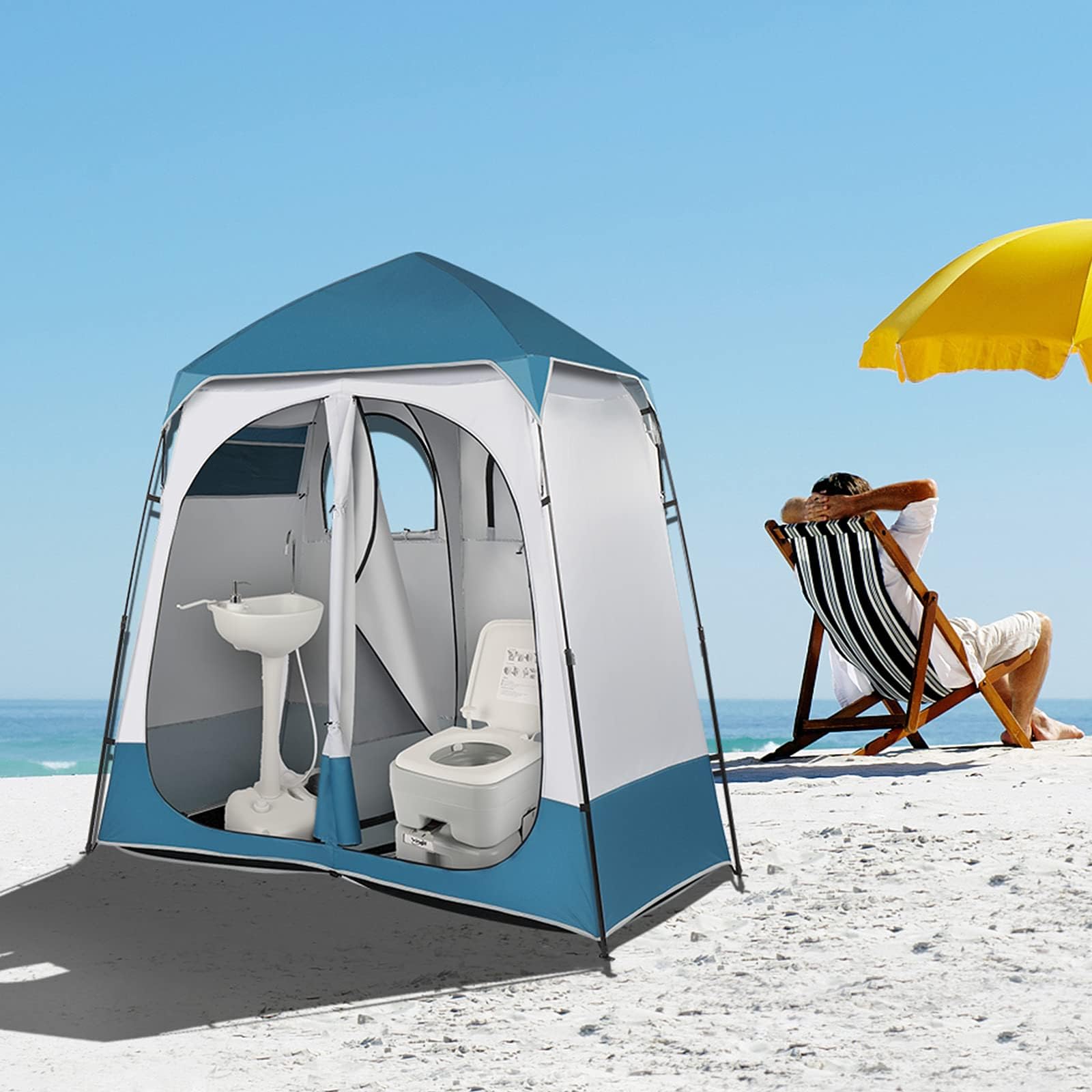 Pop Up Duschzelt, 2 Zimmer Wasserdicht Sichtschutz mit Boden, Tragetasche für Camping, Strand, Wandern und Toilette, UV-Schutz, 2,3 m