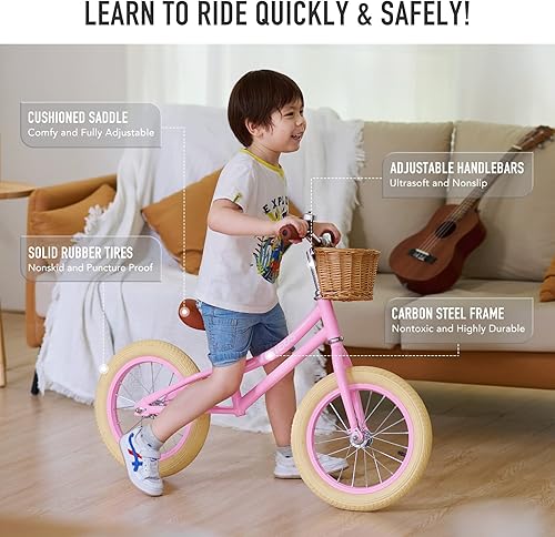 Miniatura 3 de Viribus 14 Kids Balance Bike with Basket Bell  Rubber Tires Adjustable Training Balance Bike for Big Kids Carbon Steel No Pedal Bicycle for 2 3 4 5