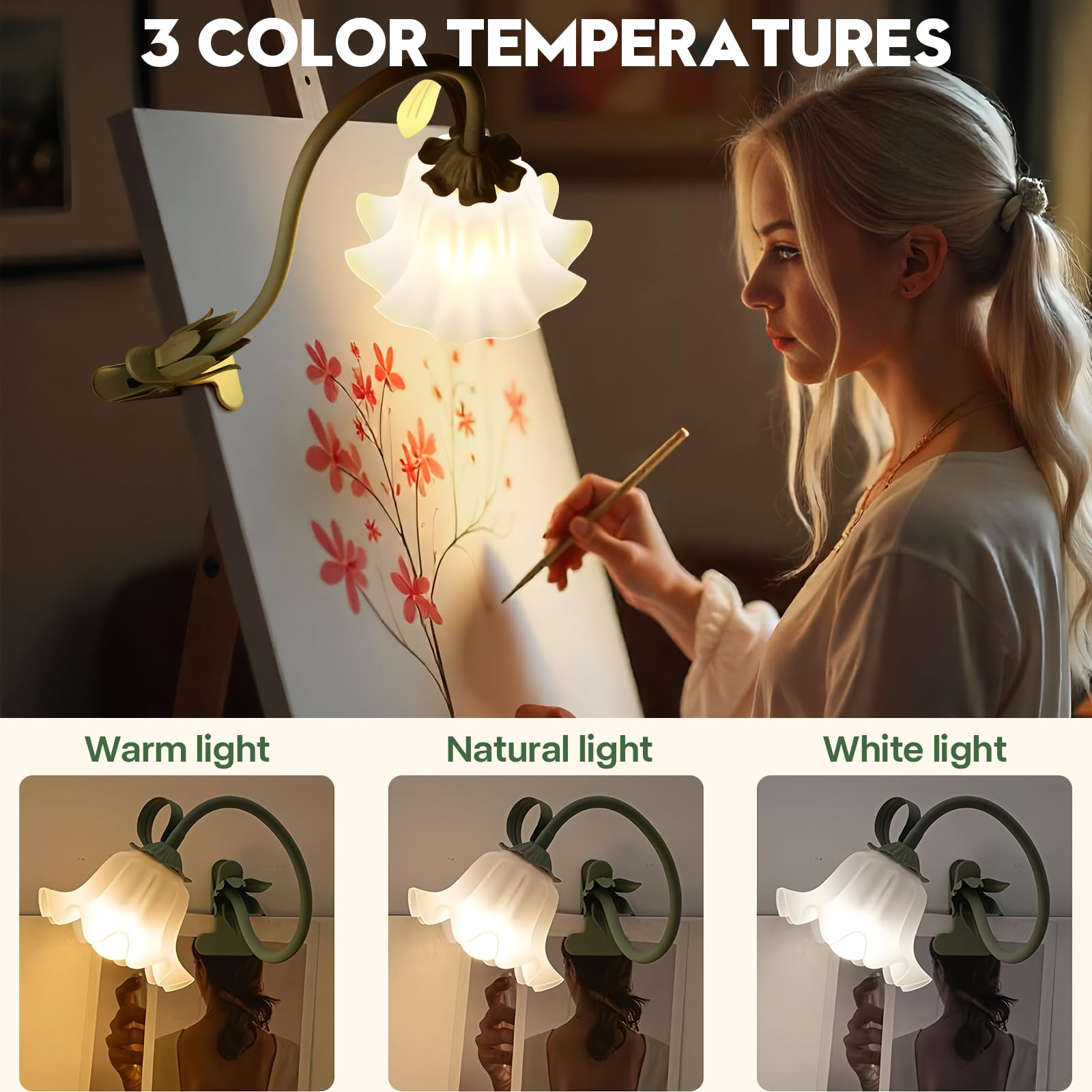 ONXE Clip On Light Reading Light, 3 Color Modes LED Book Light, Flexible Gooseneck Flower Desk Lamp for Books in Bed at Night Clip on Table, Bed Headboard, Bedside Dorm