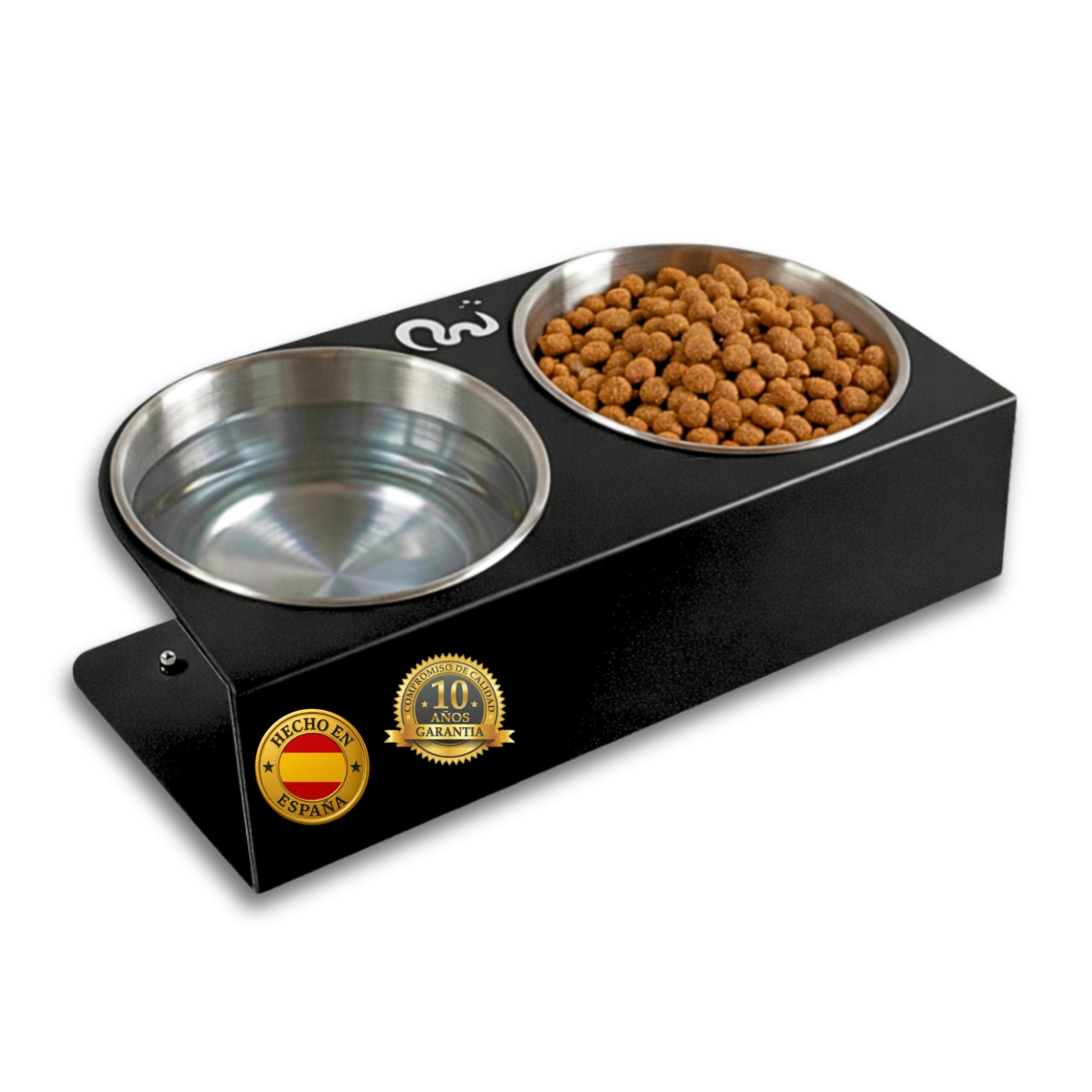 Comedero Perro Elevado para Perros Pequeños, Comedero Gato Elevado Antideslizante y Antibacteriano, Cuencos de Acero Inoxidable, Diseñado y Fabricado en España (Negro, S)