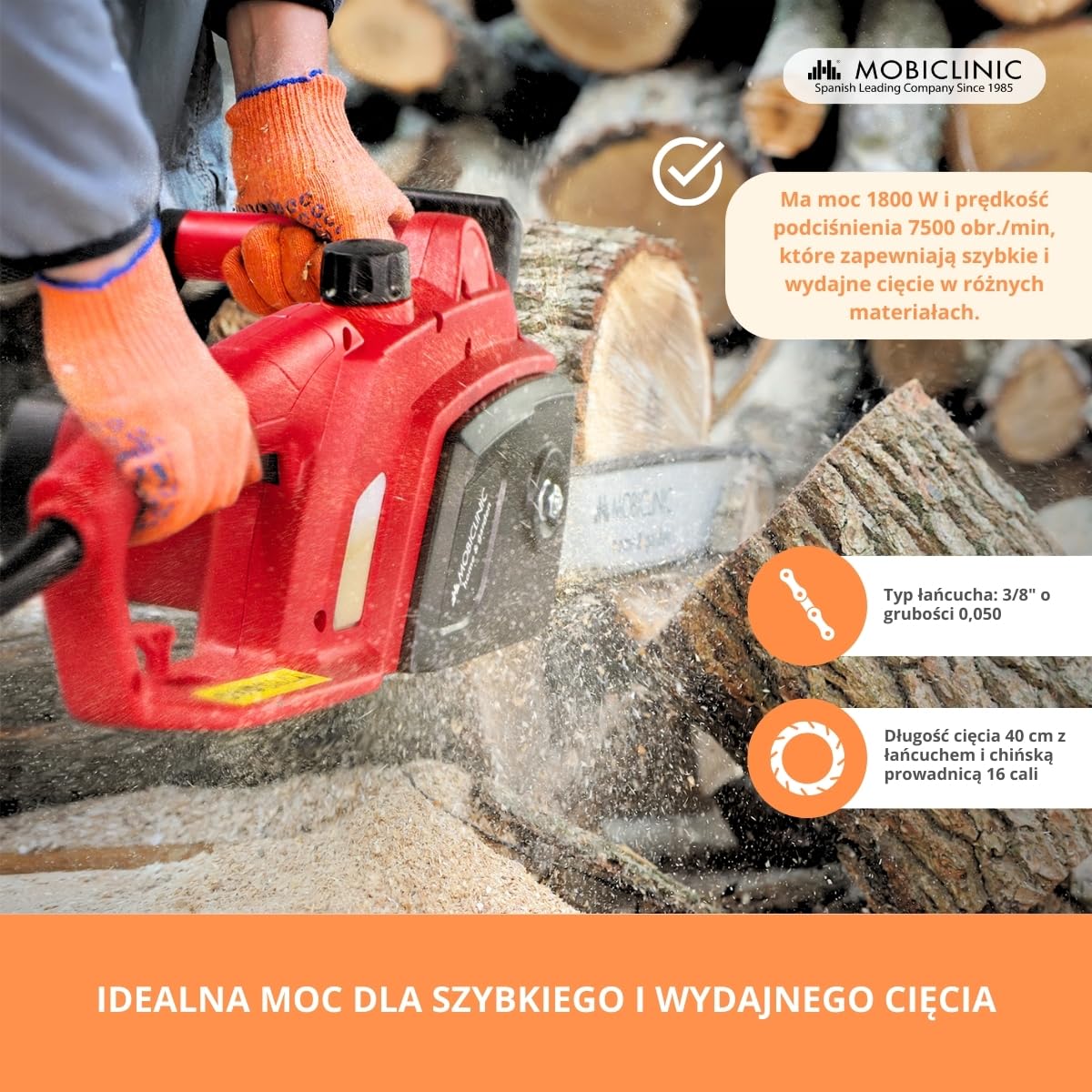 Mobiclinic®, Elektryczna pił łńcuchowa z kablem, 1800 w, Długość cięcia 40 cm, Automatyczne smarowanie, Zawiera etui, Uchwytem, Prędkość 13 m/s, Do 120 ml, Okno kontrolne oleju