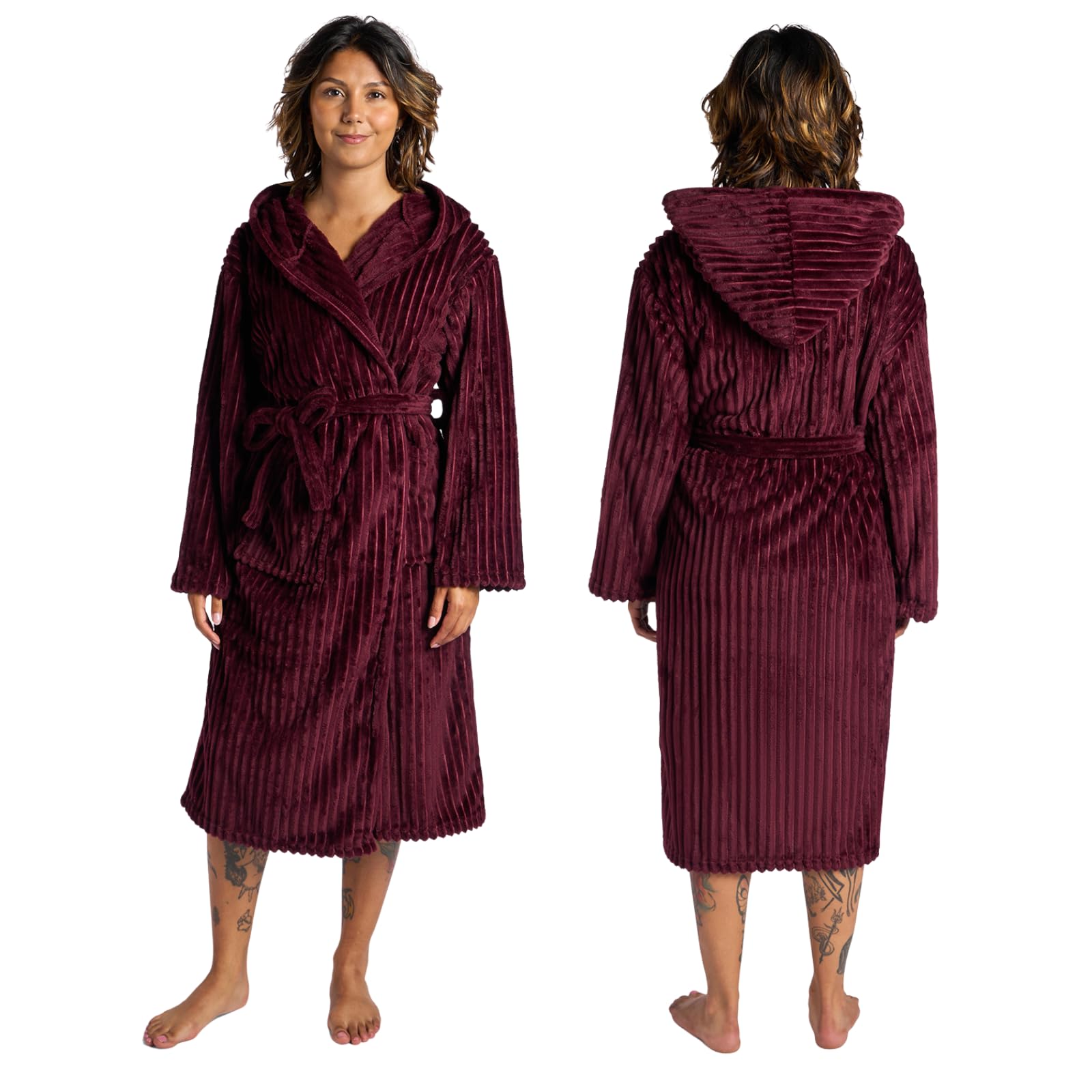 Ohs Unisex Maroon Ribbed Fleece Dressing Gowns Womens, Gifts For Women Men Bathrobe With Hood & Pockets Soft Warm Comfy Luxury Oversized Fluffy Mens Dressing Gowns, One Size