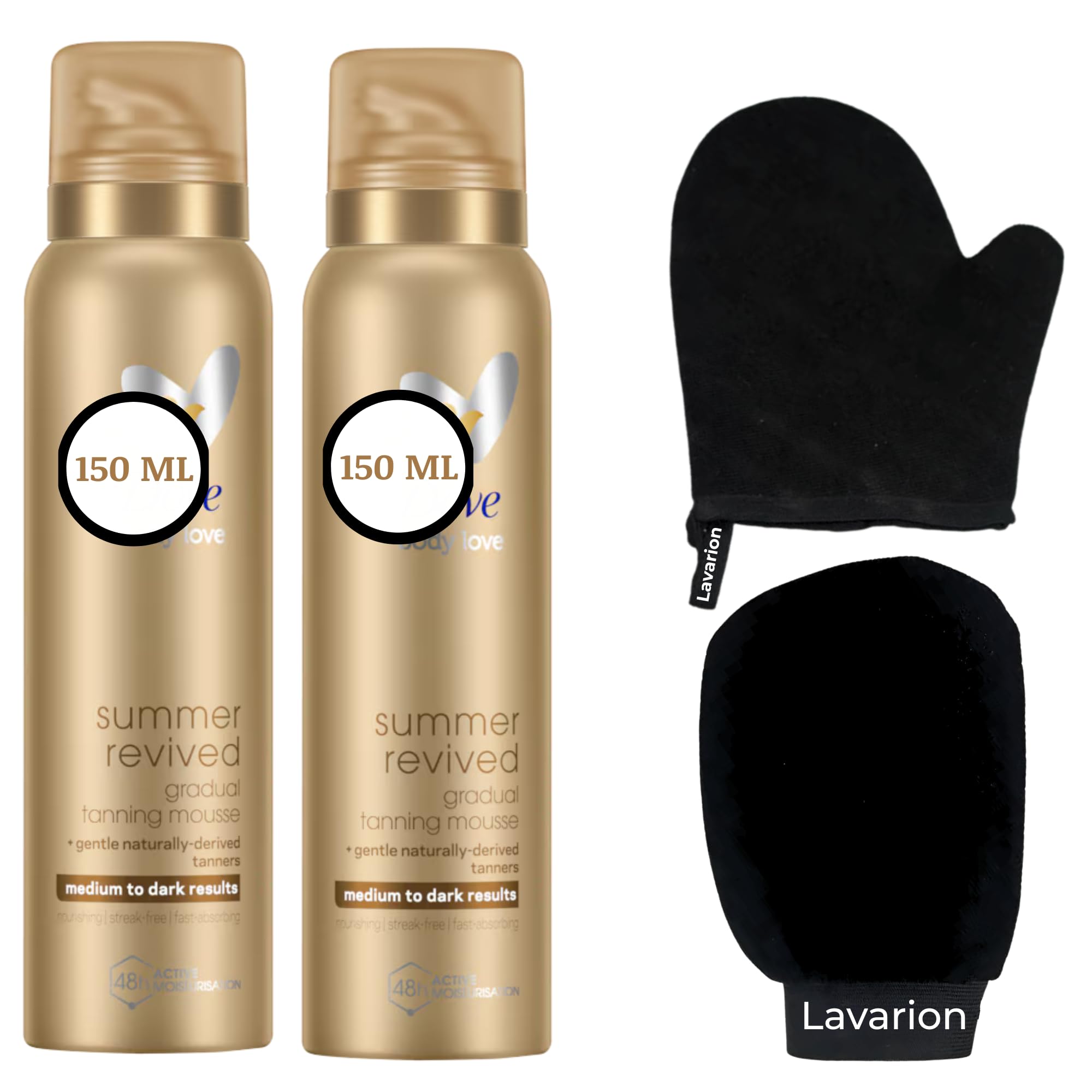 Dove Gradual Tan Medium to Dark Tanning Mousse 150ml x2 Bundled with Lavarion Exfoliating Glove for Body and Tan Mitt Glove