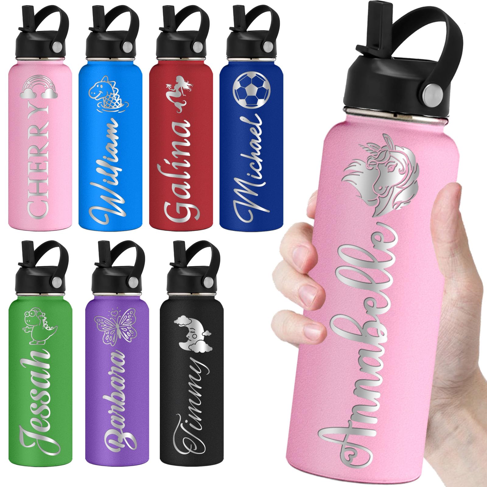 kioskbanks Personalized Water Bottles with Straw 40oz Custom Engraved Water Bottle for School Customized Name Double Wall Insulated-Pink