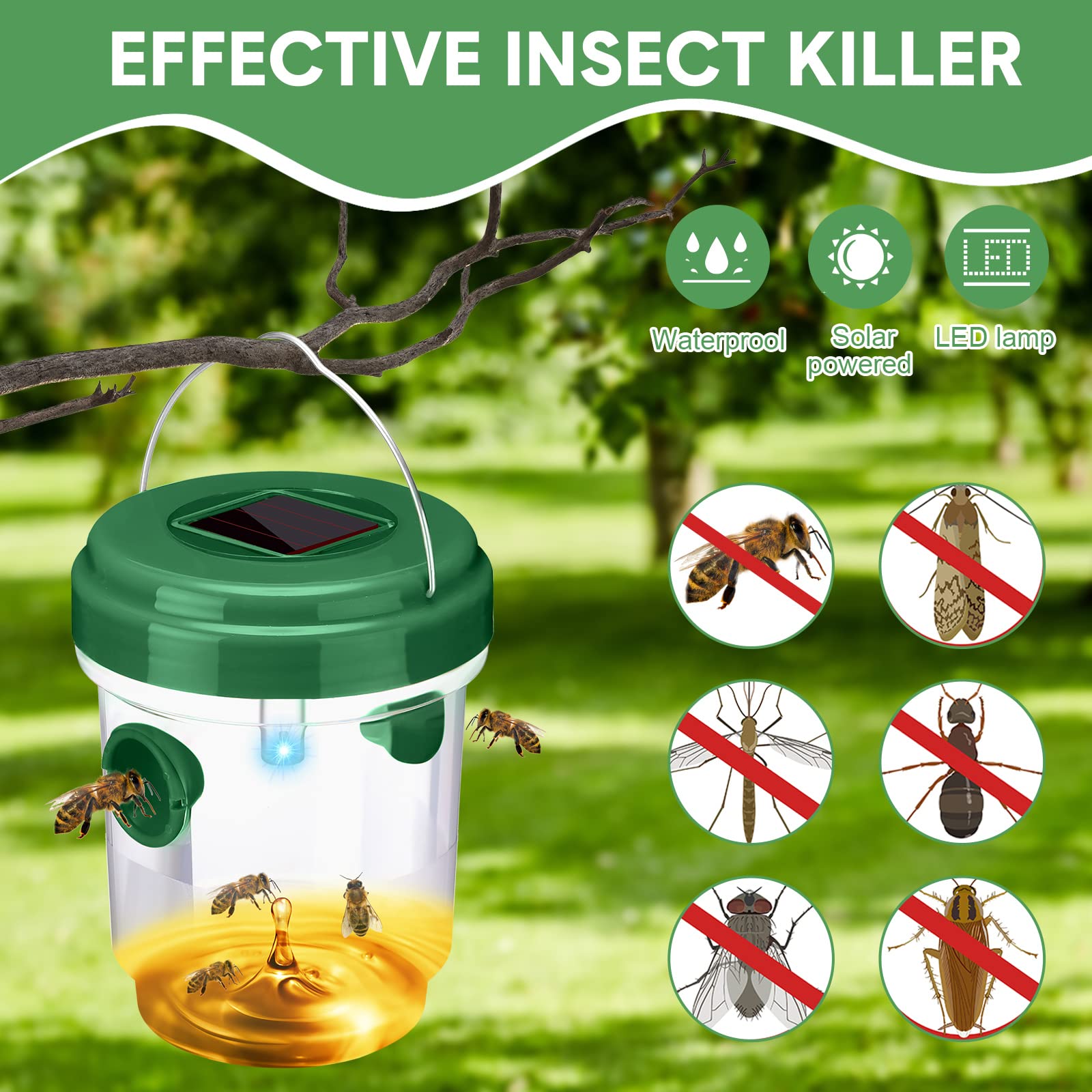 12 Packungen Wespenfalle Solarbetriebene Bienenfalle Wiederverwendbare Fliegenfallen Outdoor Hängende Wespenvernichter mit UV-LED-Licht Fliegende Insekten Bienenvernichter für Innenbereich
