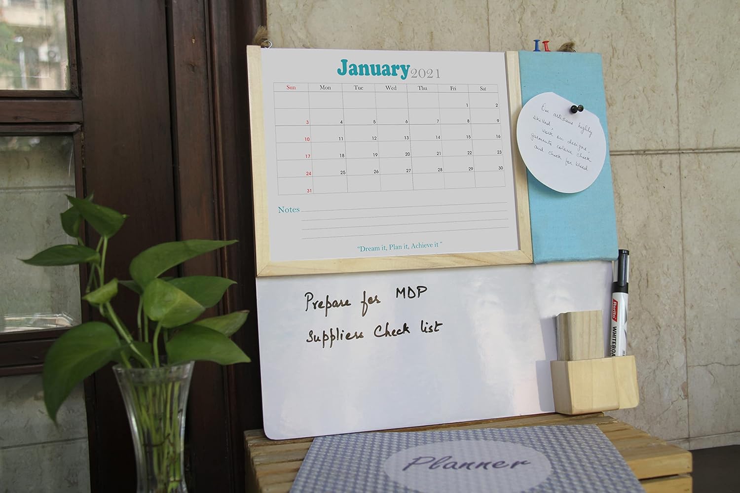 IVEI Planner Combination Board - Blue- pin Board and whiteboard Combination Board with Planner - Dry Erase Board - Bulletin Board - Innovative Organizer - for Office and Home