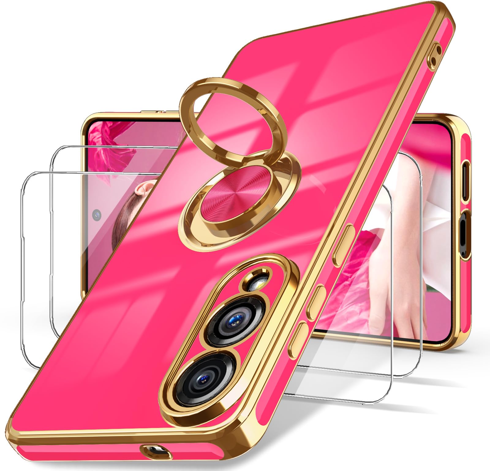 Dretal for Samsung Galaxy S25 Edge Case, Screen Protector, 360° Rotatable Ring Holder Magnetic Kickstand,Plated Gold Edge Slim Soft TPU Protective