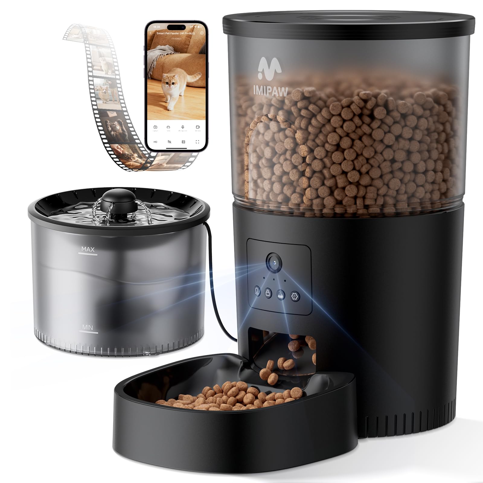 IMIPAW Automatic Cat Feeder with Camera and Water Fountain, HD AI Pet Recognition, APP Remote Control, Timed Food Dispenser, Two-Way Audio, Night Vision Function, 3L Fountains for Drinking with Filter