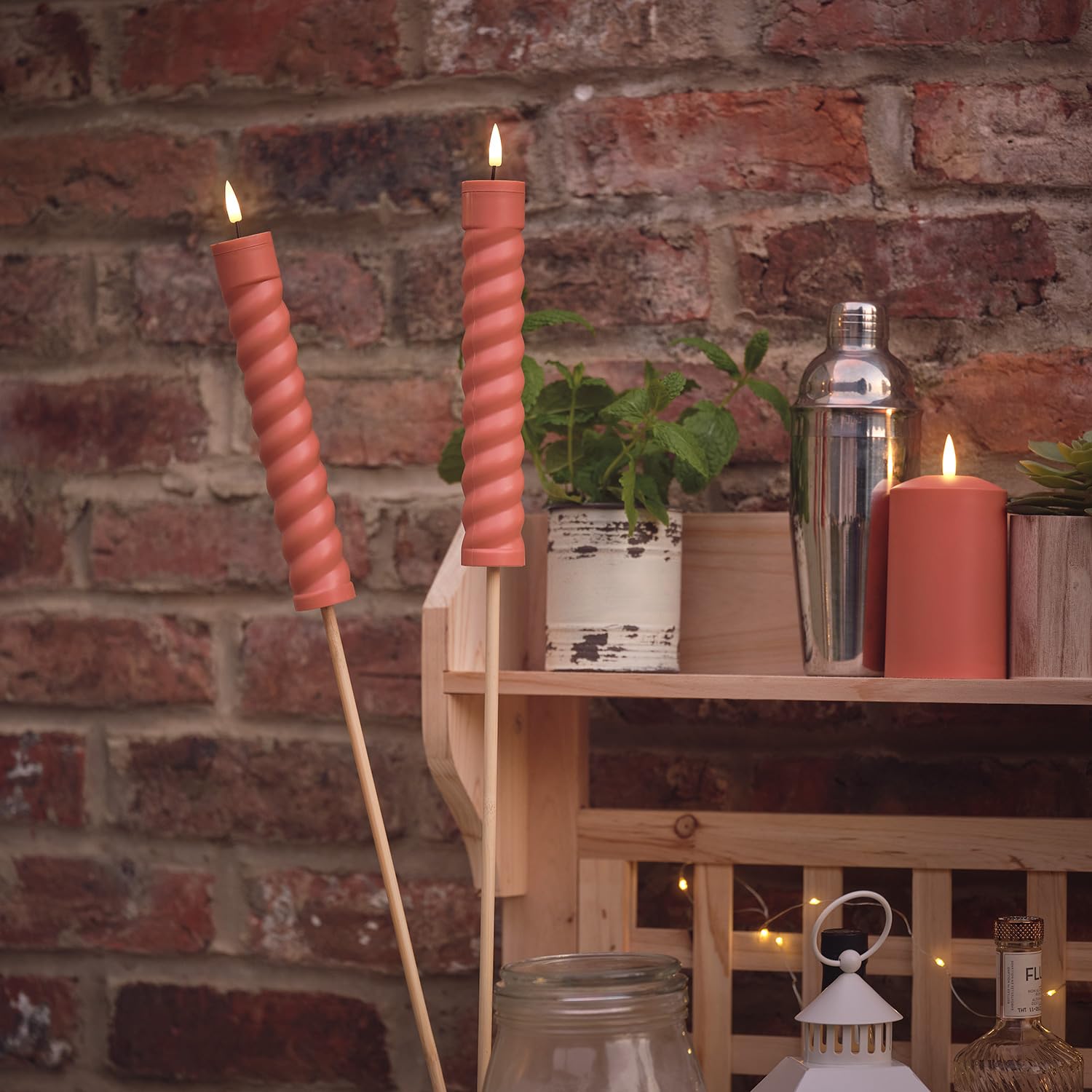 Lights4fun Set of 2 Orange Terracotta Solar Powered Waterproof TruGlow® LED Flameless Candle Garden Patio Tiki Torches with Realistic Warm White Flickering Flame - Image 2