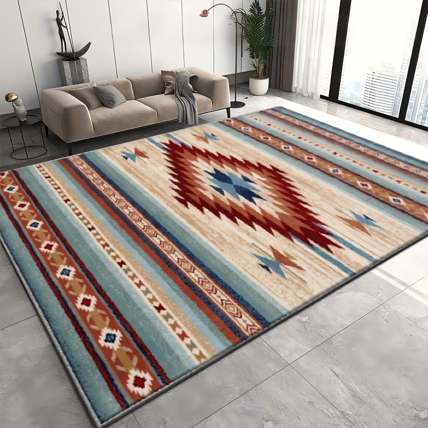 RICAUOU Modern Southwestern Area Rug, 60x110cm Large Native American Style Geometric Lounge Anti-slip Washable Carpet, Boho Chic Tribal Aztec Floor Rugs for Living Room Bedroom, Sitting Room Decor