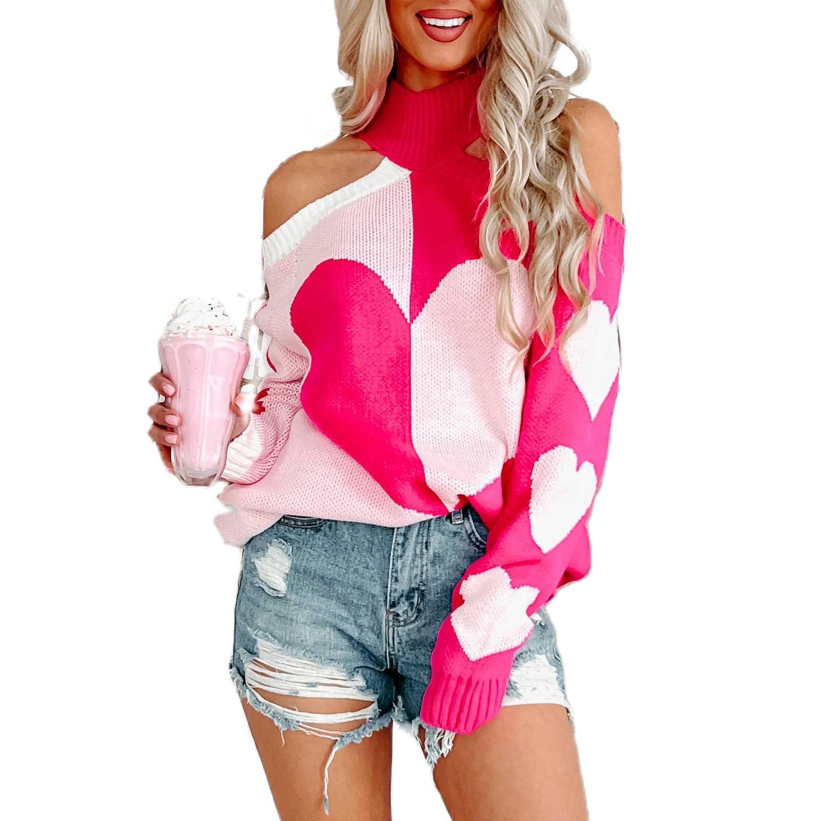 Women Off The Shoulder Sweater Cute Heart Mock Neck Oversized Knit Pullover Sweater Tops Fall Valentine Holiday Sweaters