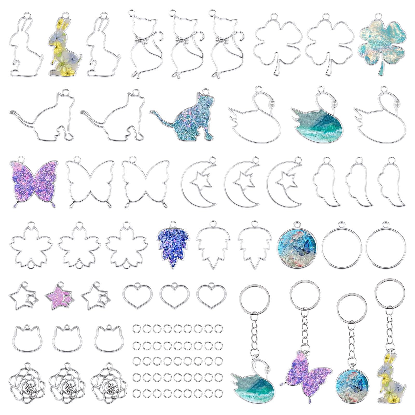 Moules résine UV argentés pour bijoux et pendentifs - Lot de 45 pièces fleurs et animaux