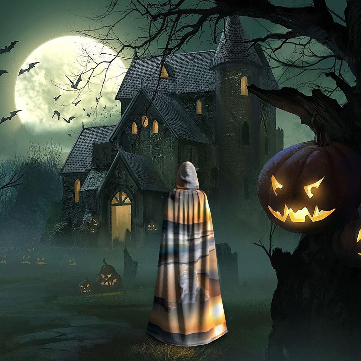 Sunset Over The Waves Men Women Halloween Role Play Party Decoration Hooded Poncho Black