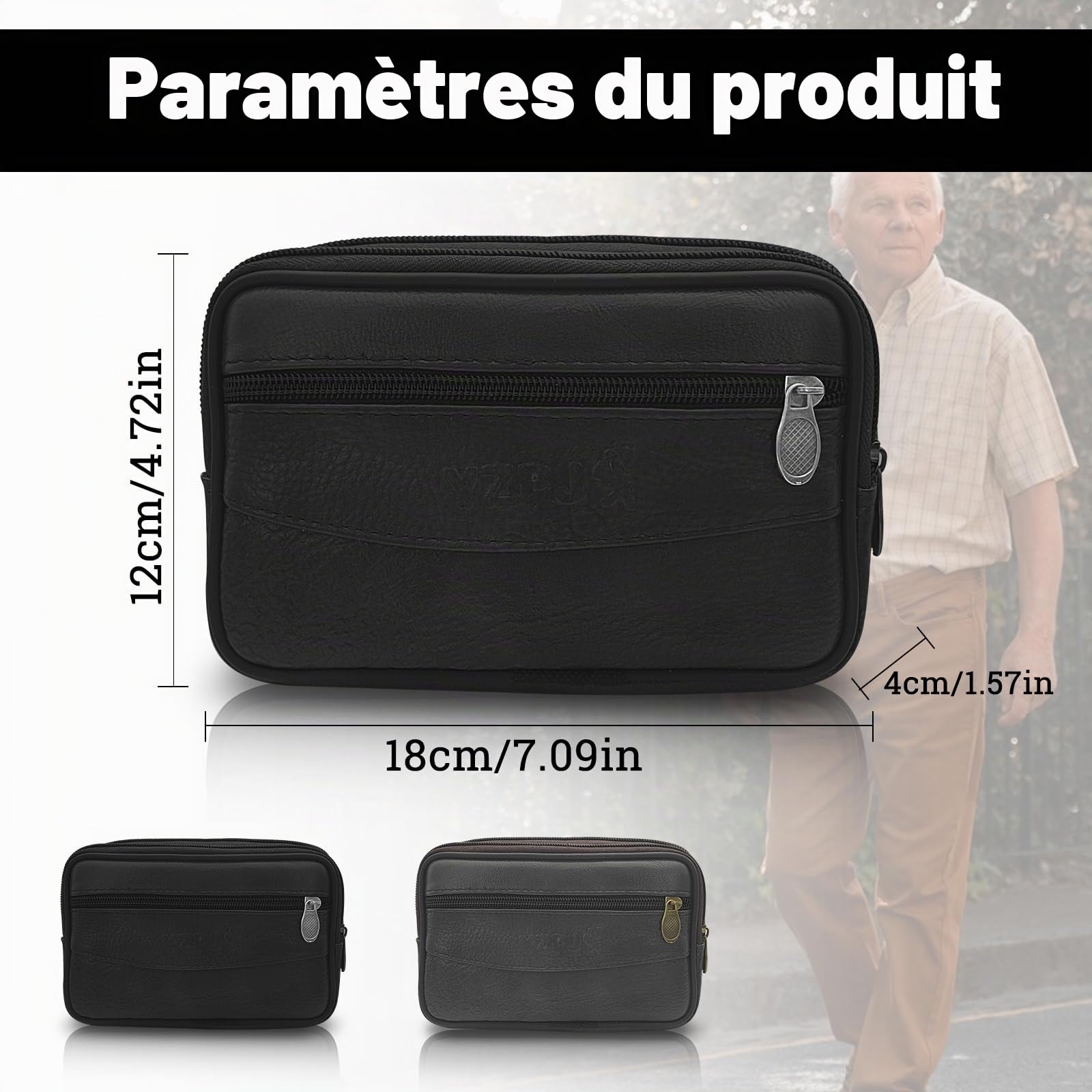 Pochette de ceinture étanche avec fermeture éclair multifonctionnelle pour randonnée, téléphone portable, clé de voiture, porte-cartes - Noir 7x4.3x1.6