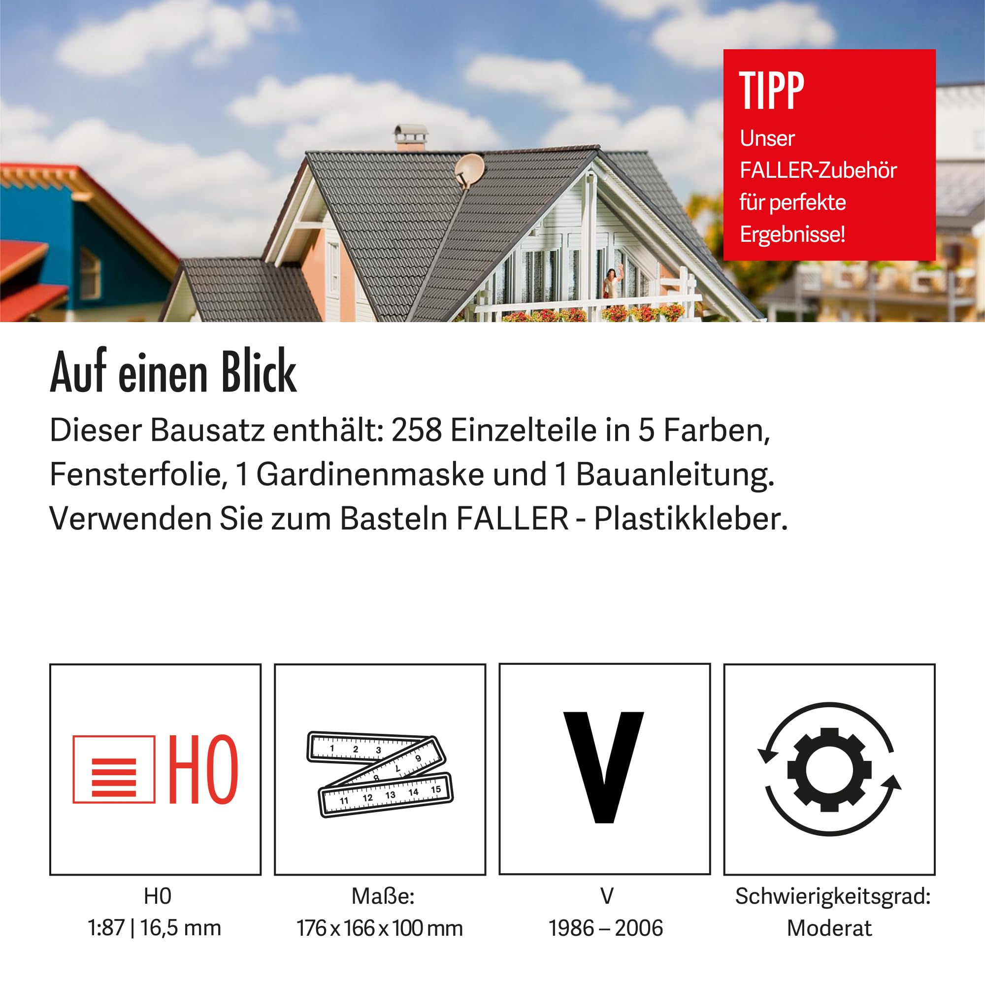 FALLER Haus Prestige Modellbausatz mit 258 Einzelteilen 176 x 166 x 100 mm I Modelleisenbahn Zubehör H0 I Modelleisenbahn H0 Einfamilienhaus, Grau, Weiß und Creme