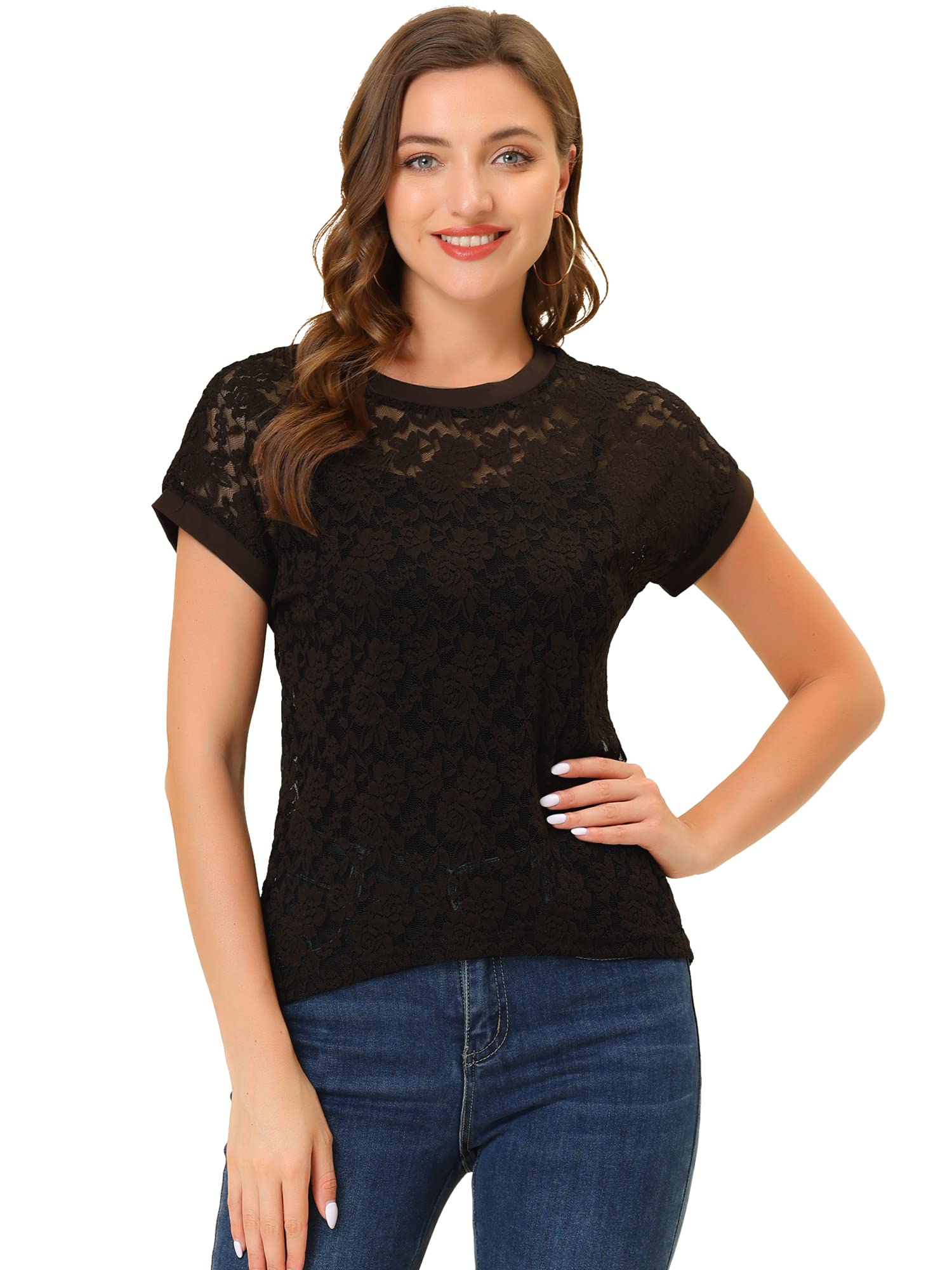 Allegra K Women's Lace Floral Blouse Short Sleeve Dressy Casual Shirt Crew Neck Sheer Top