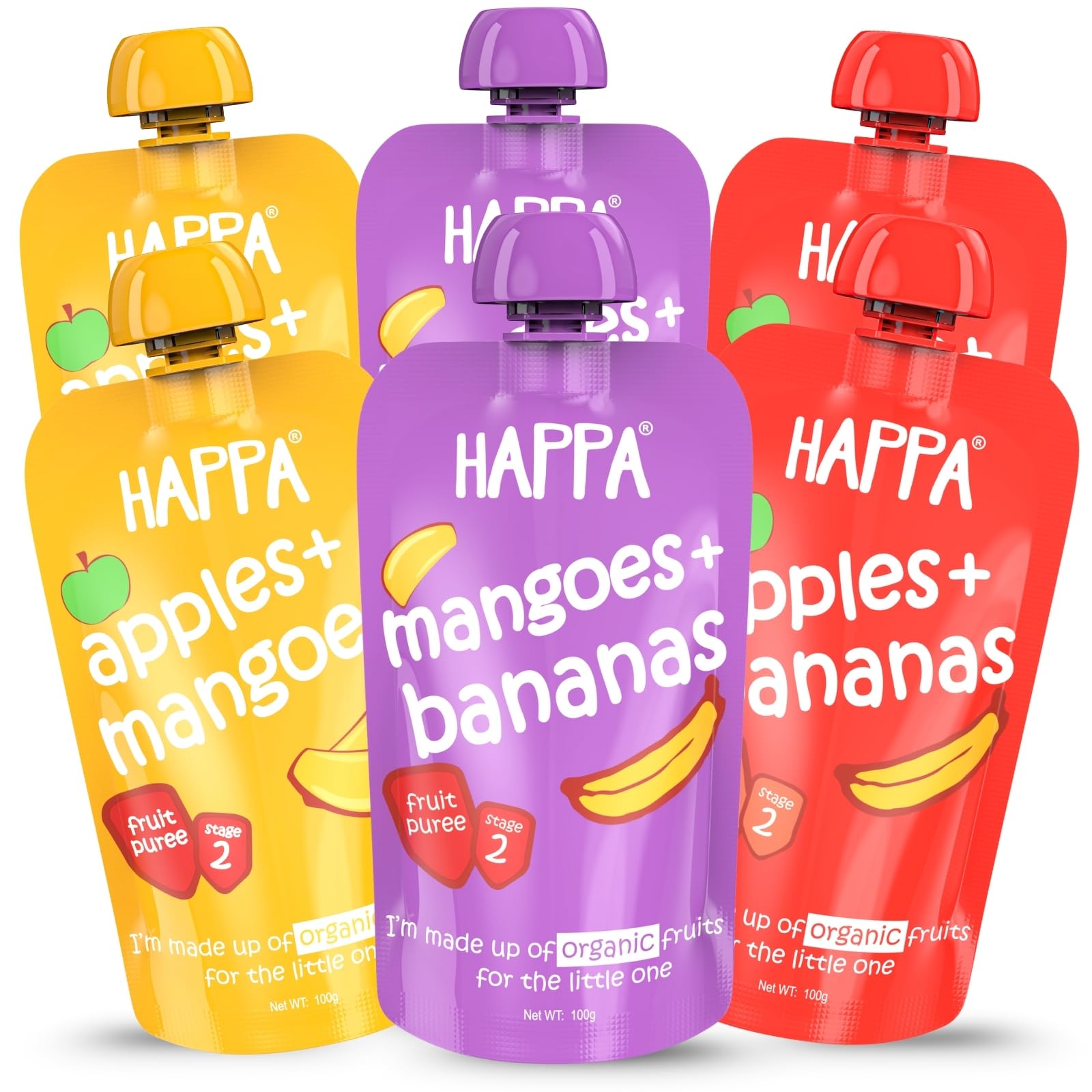 Happa Organic Food, Favourite Fruits Variety Pack (Apple+ Mango, Mango + Banana, Apple + Banana), 100 Gram Pouch, Pack of 6-image-38