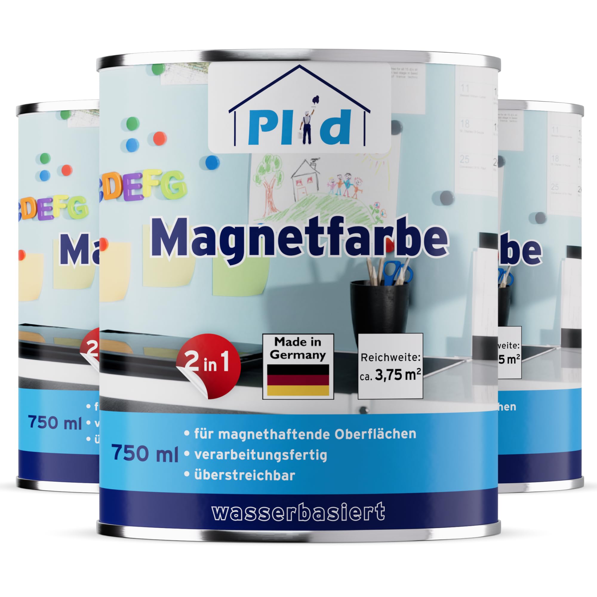Plid® Magnetfarbe Extra Stark Anthrazitgrau [überstreichbar] - Magnetische Wandfarbe auf Wänden, Türen, Möbeln - z. B. Holz,-Metall- und Hartkunststoffoberflächen - Beton & Putzflächen 2,25L