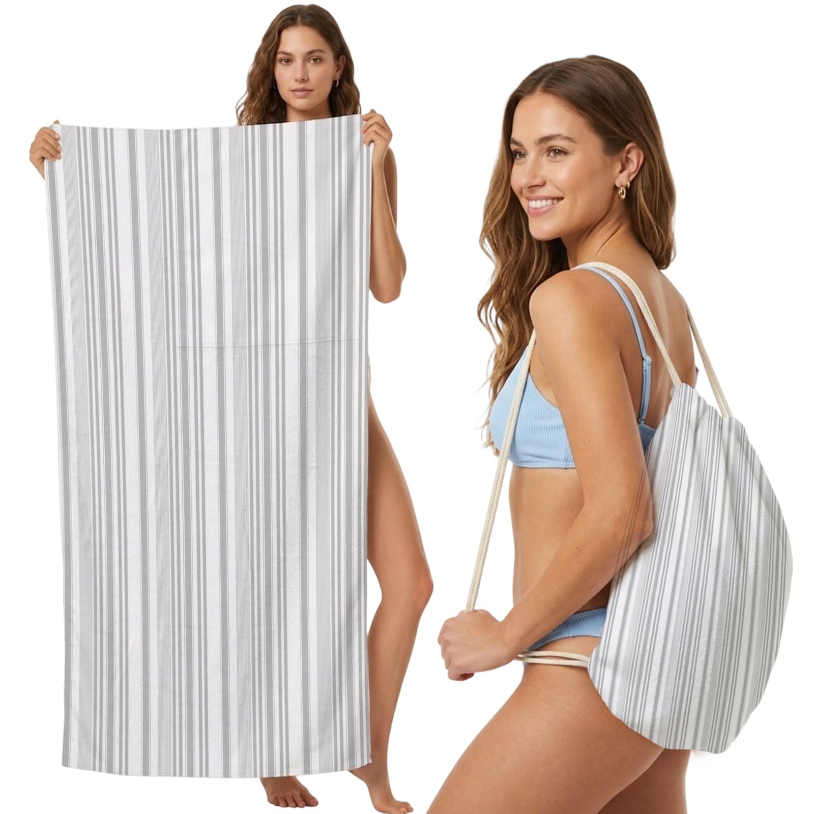 Beach Towel Bag 2 in 1 Black White Pinstripes Bath Pool Towels Backpack Modern Lines Vertical Stripes Absorbent Beach Towel Soft Quick Dry Lightweight Packable Towels Drawstring Bag for Travel Sports
