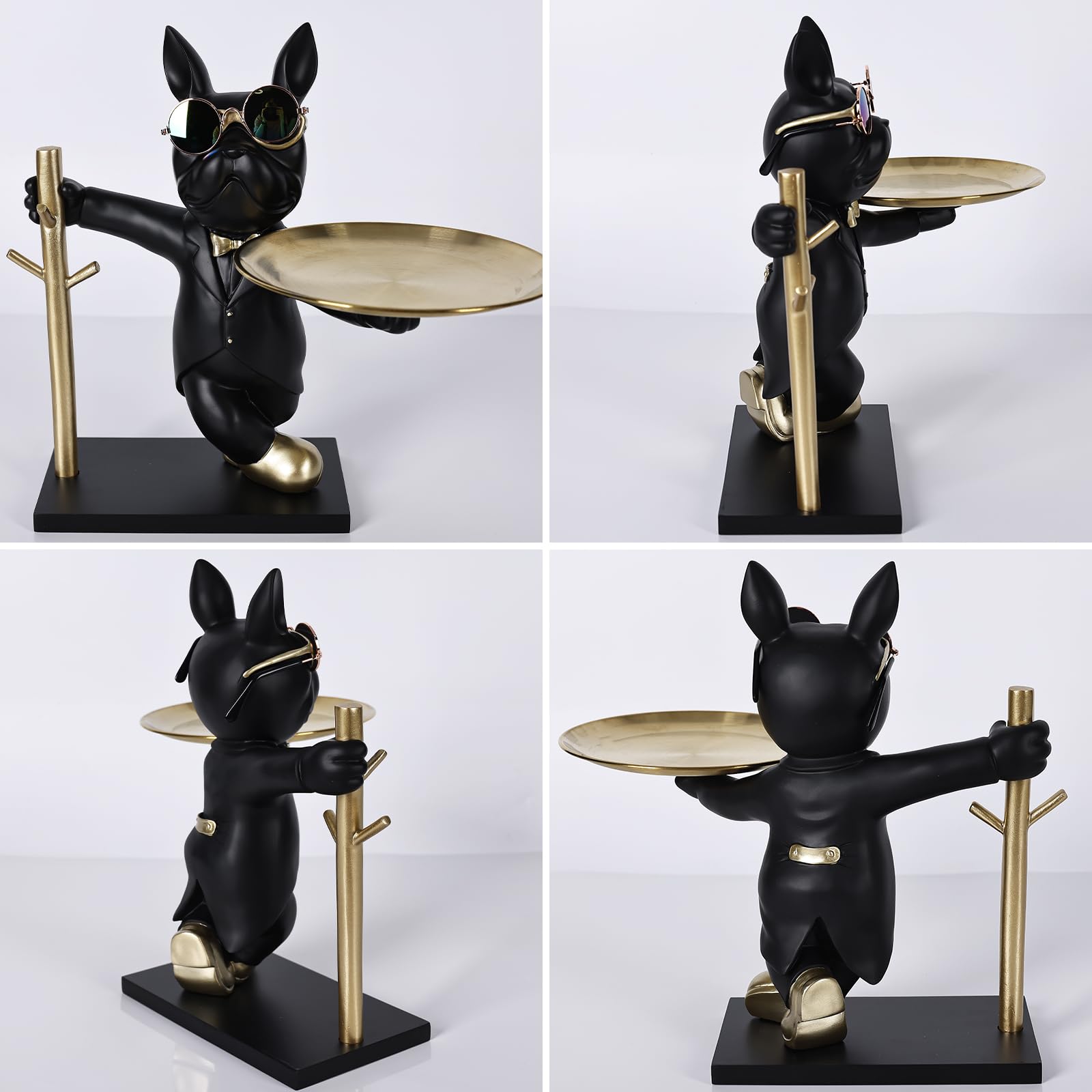 SHENGTIAN Statua Bulldog Francese in Resina con Vassoio Metallico Dorato, Portaoggetti Decorativo Statua Vassoio Portaoggetti per Chiavi Bijoux, Soprammobile Moderno Particolare per Casa Ufficio