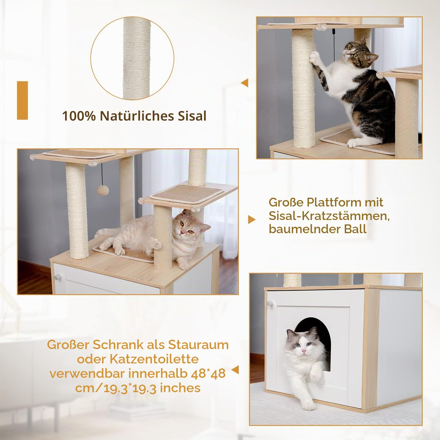 PAWZ Road Moderner Katzenbaum Holz Katzenturm mit Aufbewahrungsschrank Katzentoilette Gehege und geräumiger Katzenhütte Große obere Sitzstange und Hängematte Beige
