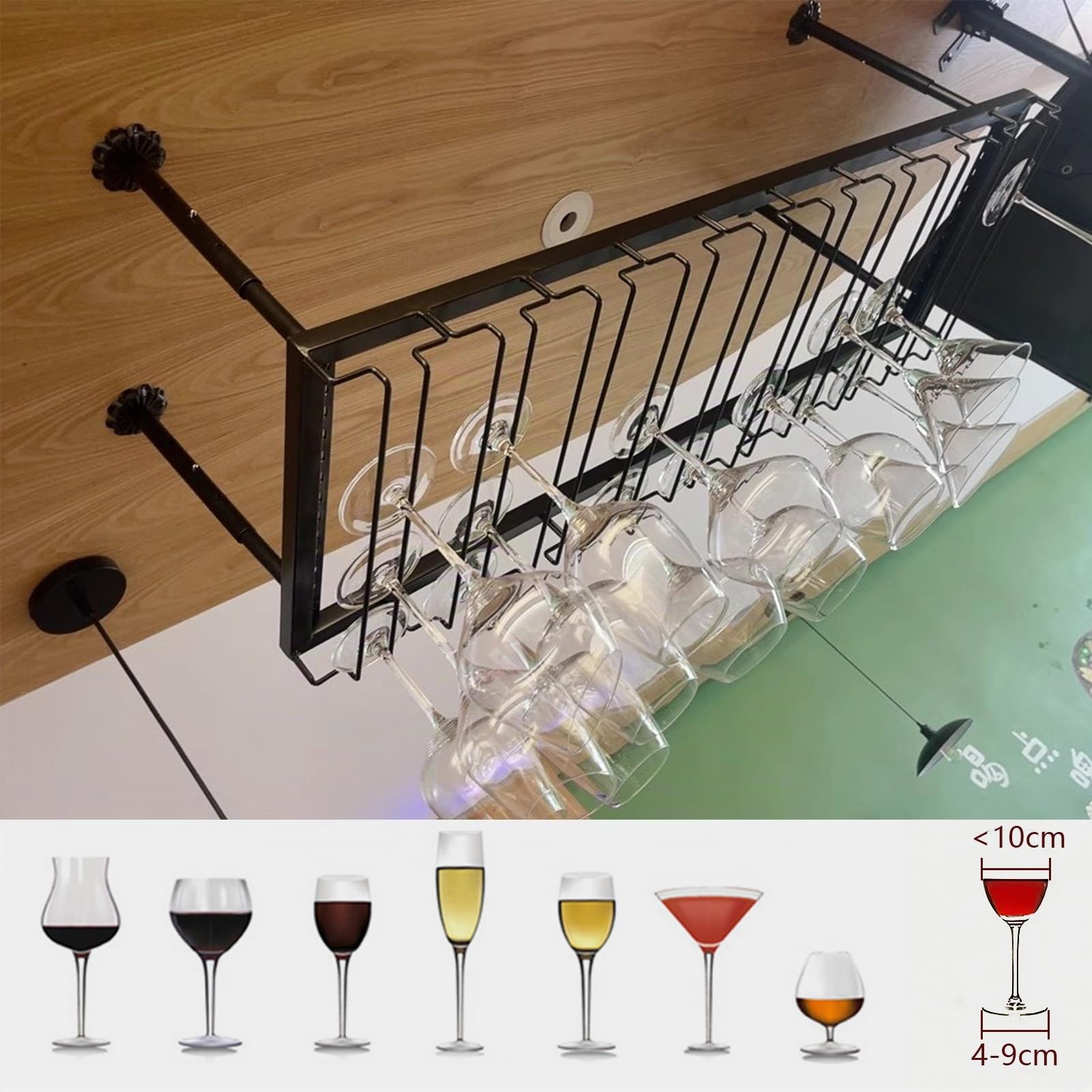 Mensole Sospese Soffitto Alto 30-60cm Regolable Nero 120cm | Portabicchieri Sospeso Metallo, Porta Calici Sospesi Salvaspazio per Sala da Pranzo Home Bar/ Cucina (bk, 120x40x(30-60) cm)